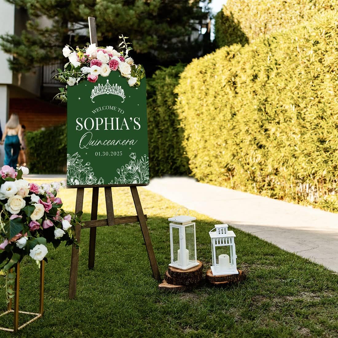 Andaz Press Letrero de bienvenida de quinceañera grande, corona con líneas florales de 16 x 20 pulgadas, lienzo premontado para Mis Quince Años,