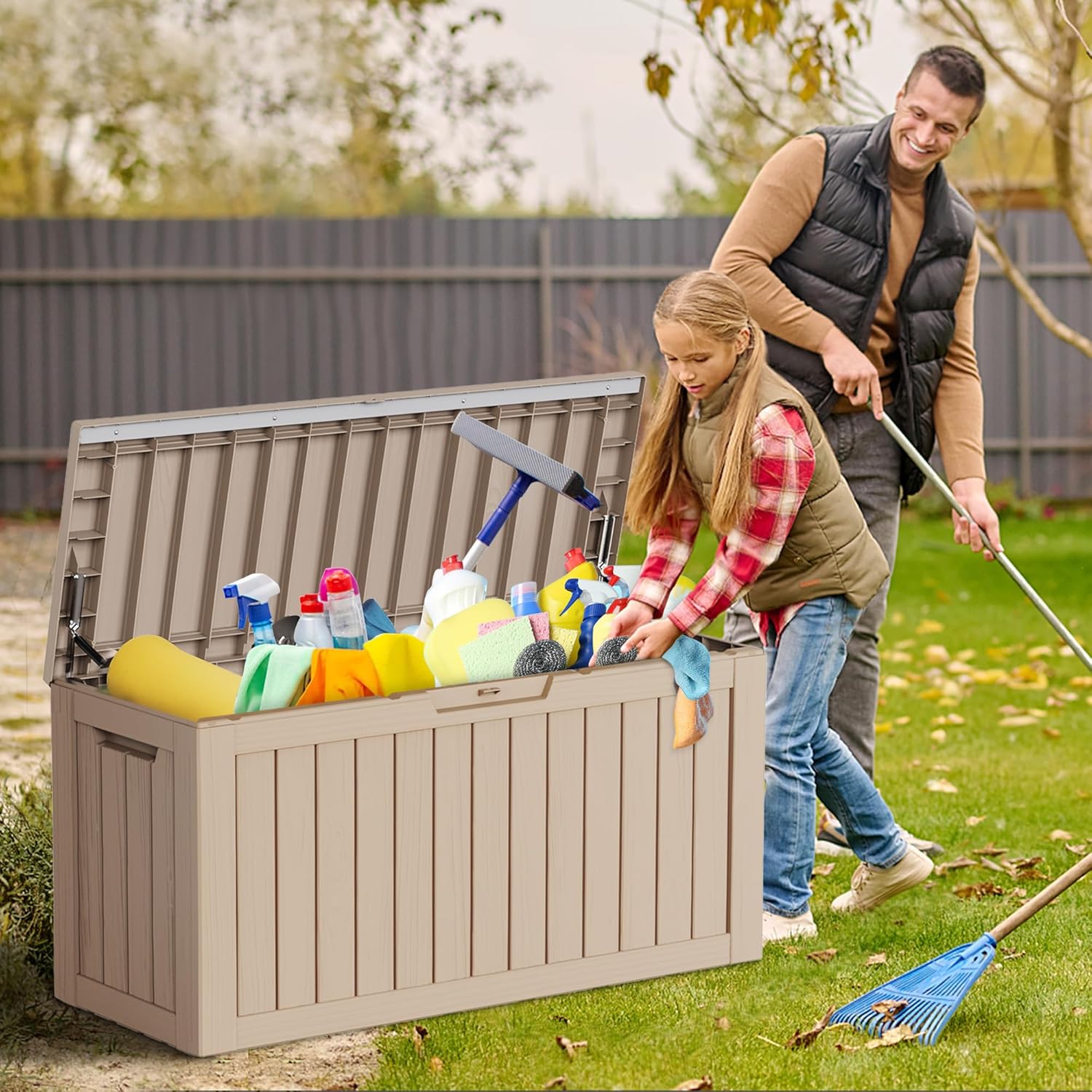 Caja de almacenamiento para exteriores de 80 galones, muebles de patio, herramientas de jardín, cojines, accesorios de piscina, caja de resina con
