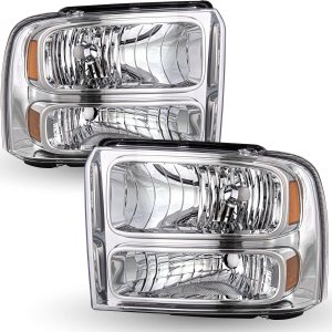 Juego de montaje de faros delanteros para Ford F250 F350 F450 F550 Super Duty 2005 Ford Excursion Driver Passenger Side 2005, carcasa cromada con Juego de montaje de faros delanteros para Ford F250 F350 F450 F550 Super Duty 2005 Ford Excursion Driver Passenger Side 2005, carcasa cromada con