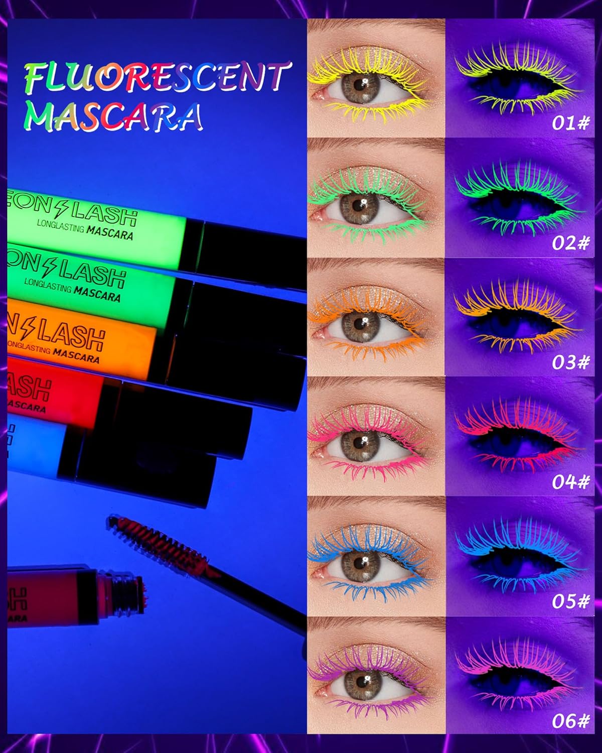 Máscara de pestañas de neón para pestañas, 6 unidades, brillo UV, color luz negra, volumen y longitud, impermeable, a prueba de manchas, larga