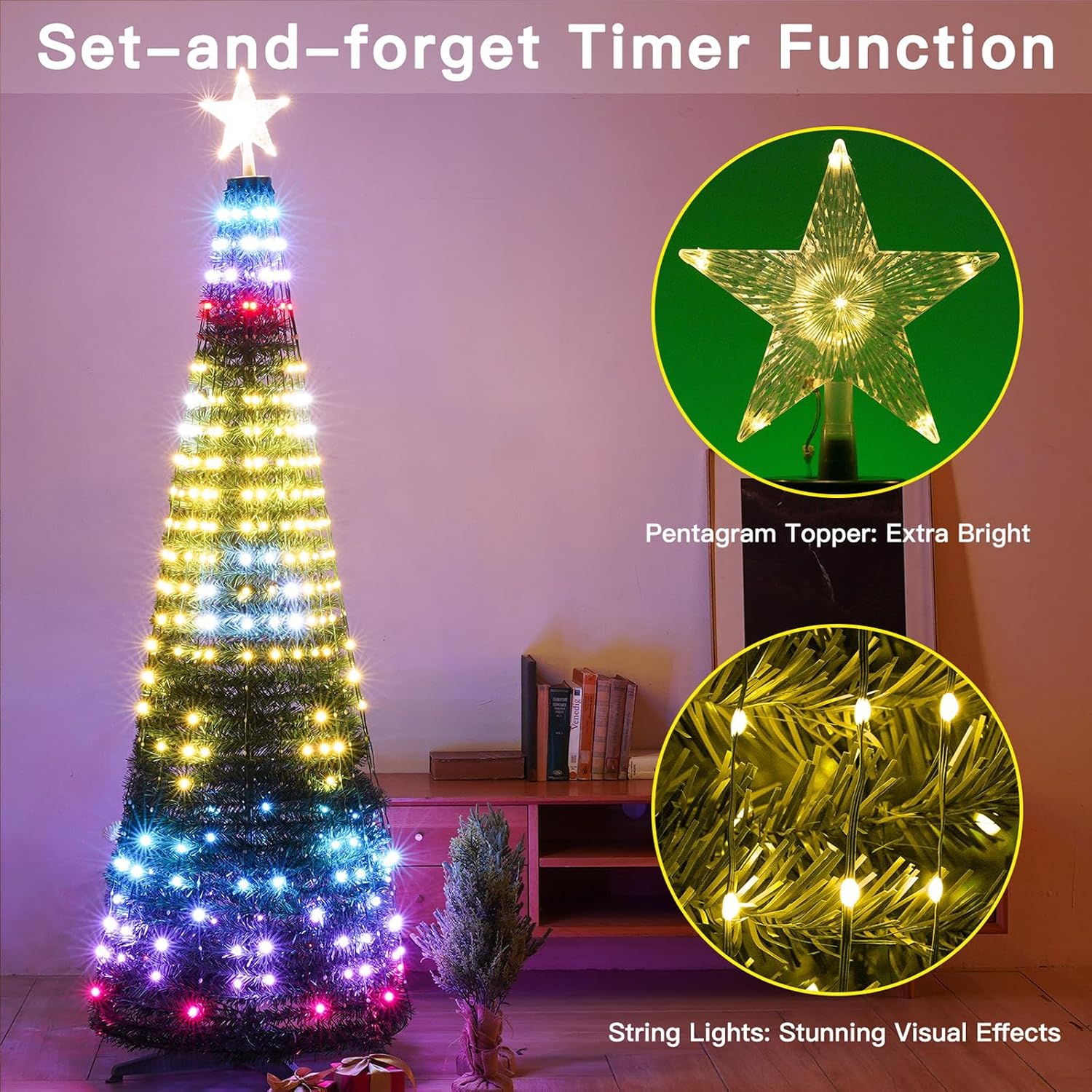 Super RGB Luces multicolor para árbol de Navidad, árbol de Navidad preiluminado de 5 pies con aplicación y control remoto, 400 LED, sincronización