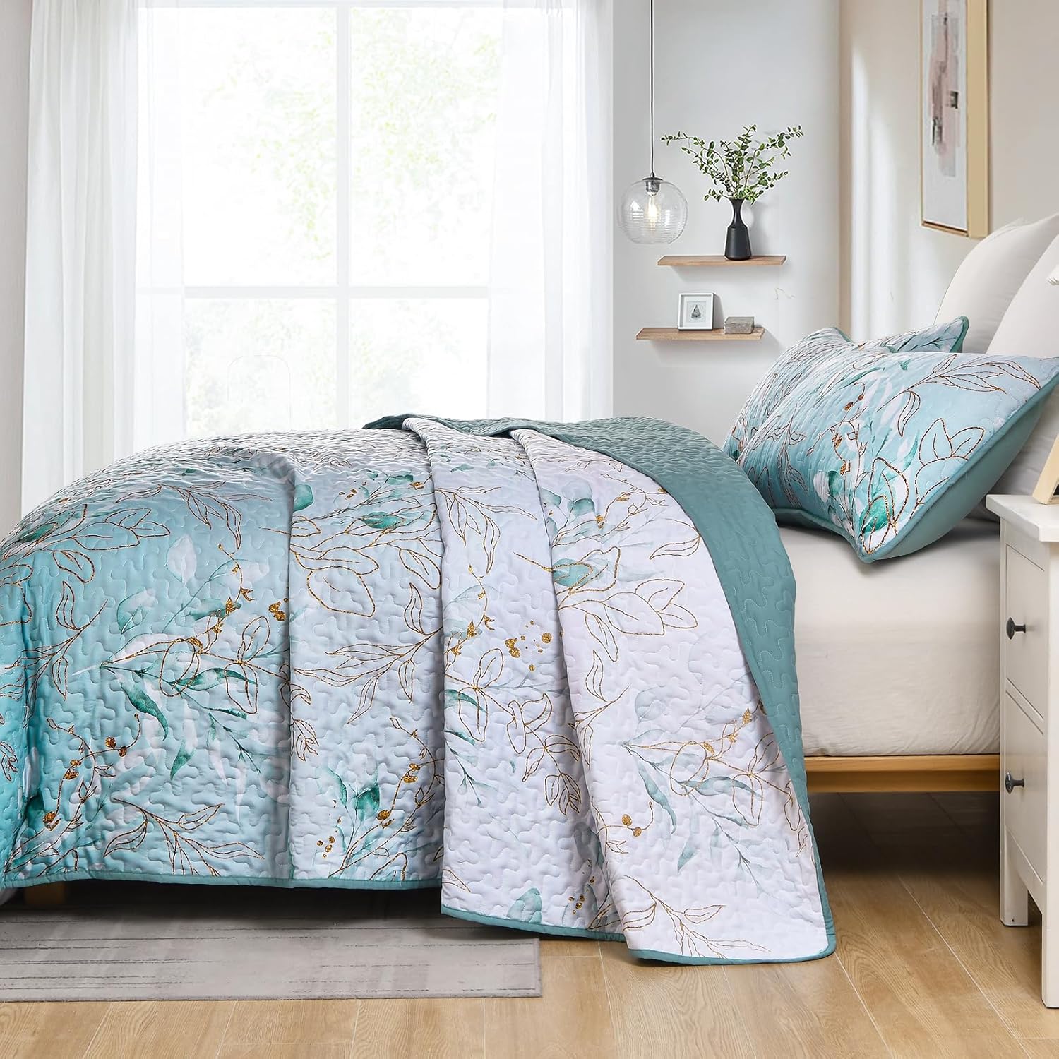 Aninbedding – Juego de edredón floral tamaño King, juego de colcha de 3 piezas con patrón botánico verde aguamarina para todas las estaciones, juego