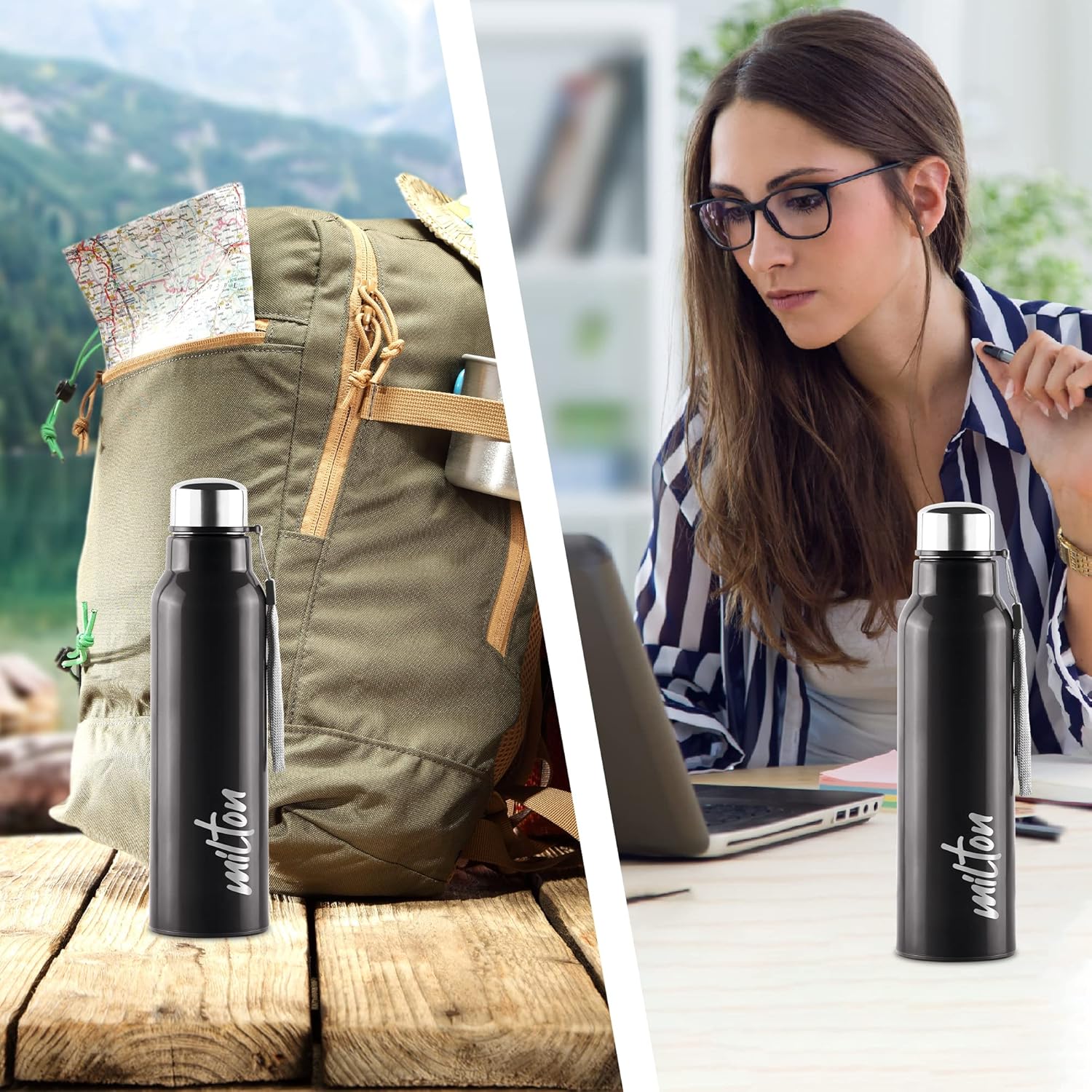 Milton Steel Fit 900 – Botella de agua interior aislada de acero inoxidable, 1 pieza, 22.1 fl oz, color negro, fácil agarre, a prueba de fugas,
