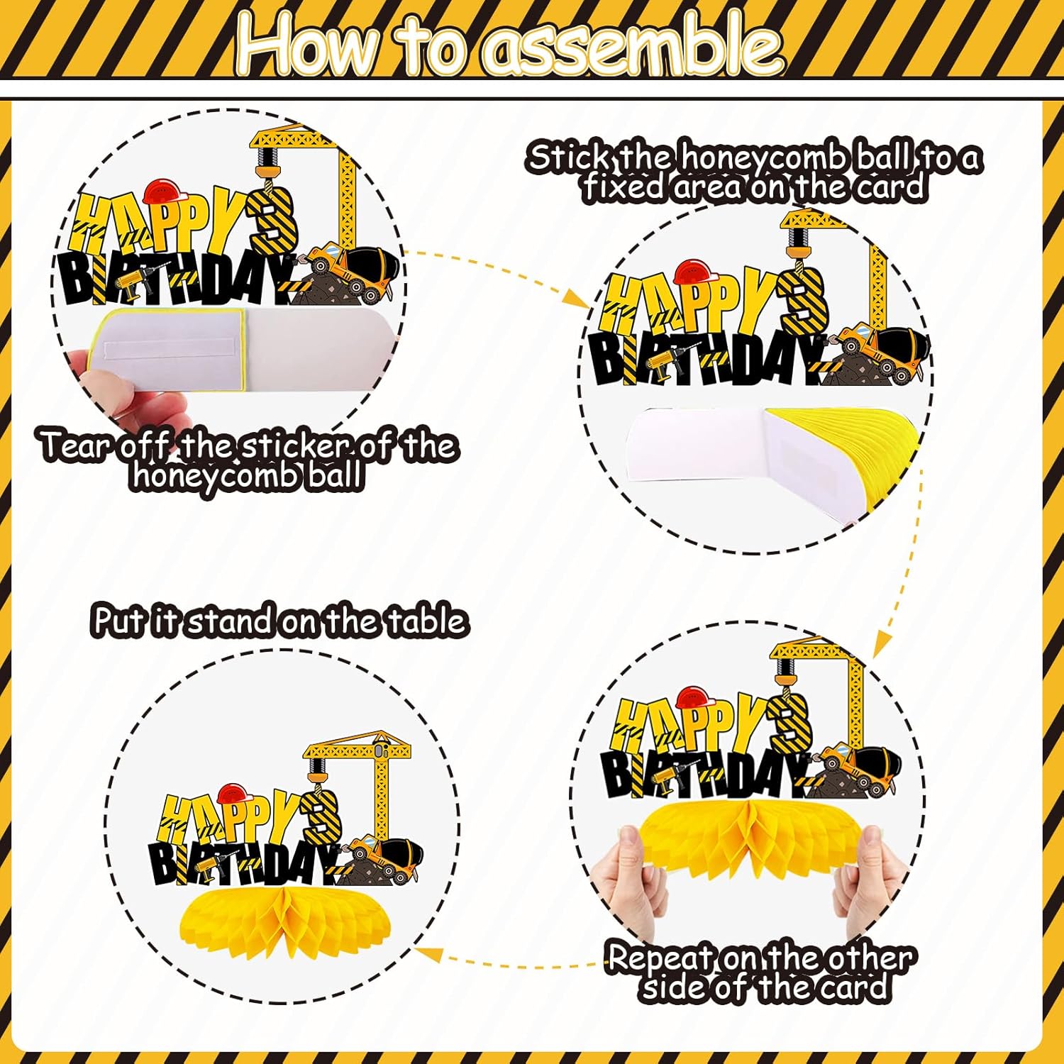 10 centros de mesa de construcción de panal de abeja para decoración de fiesta de tercer cumpleaños para niños, camión volquete, cono, zona de