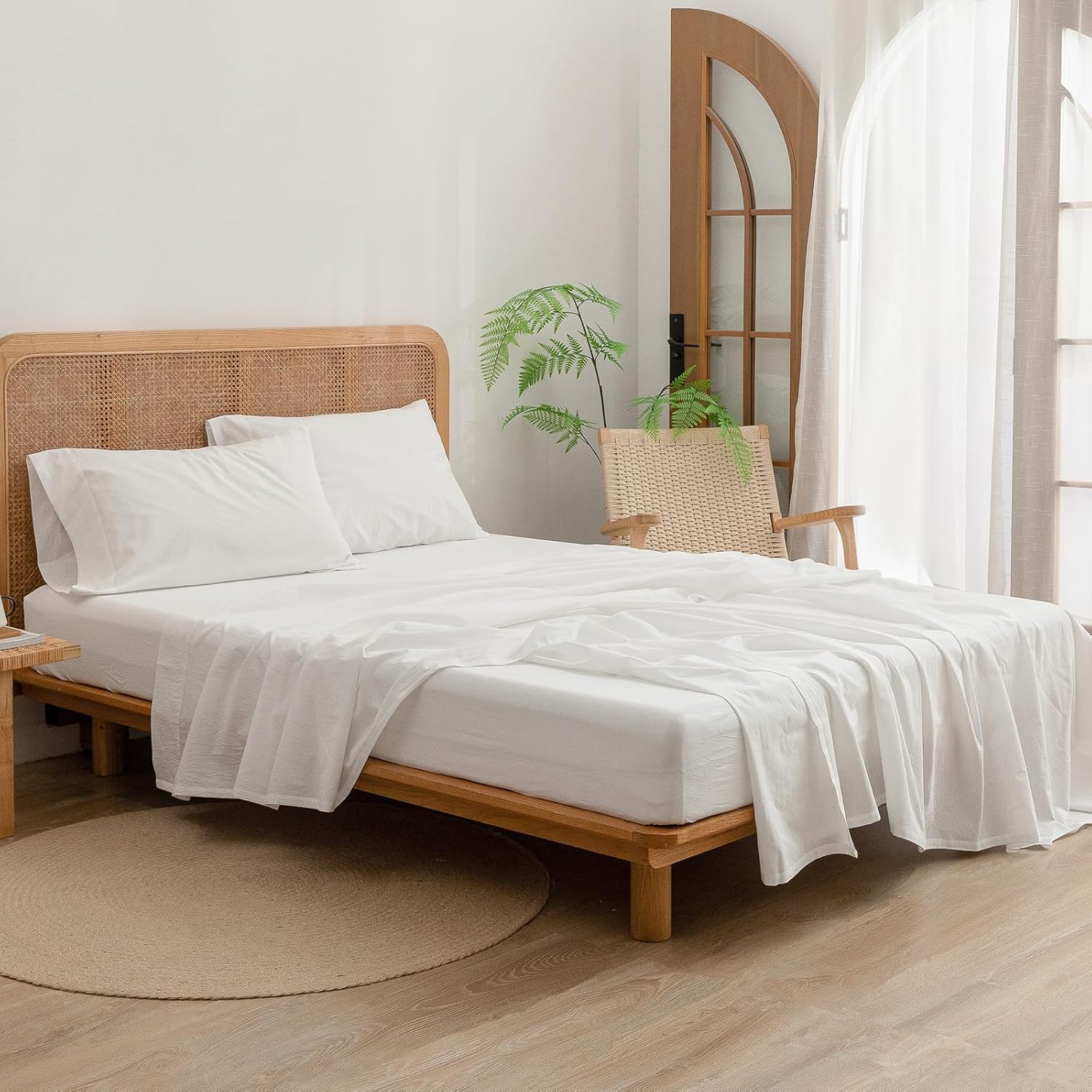 BESTOUCH Juego de sábanas 100% algodón lavado, tacto súper suave, cómodo, elegante, ligero, juego de ropa de cama de 4 piezas, color blanco hueso,