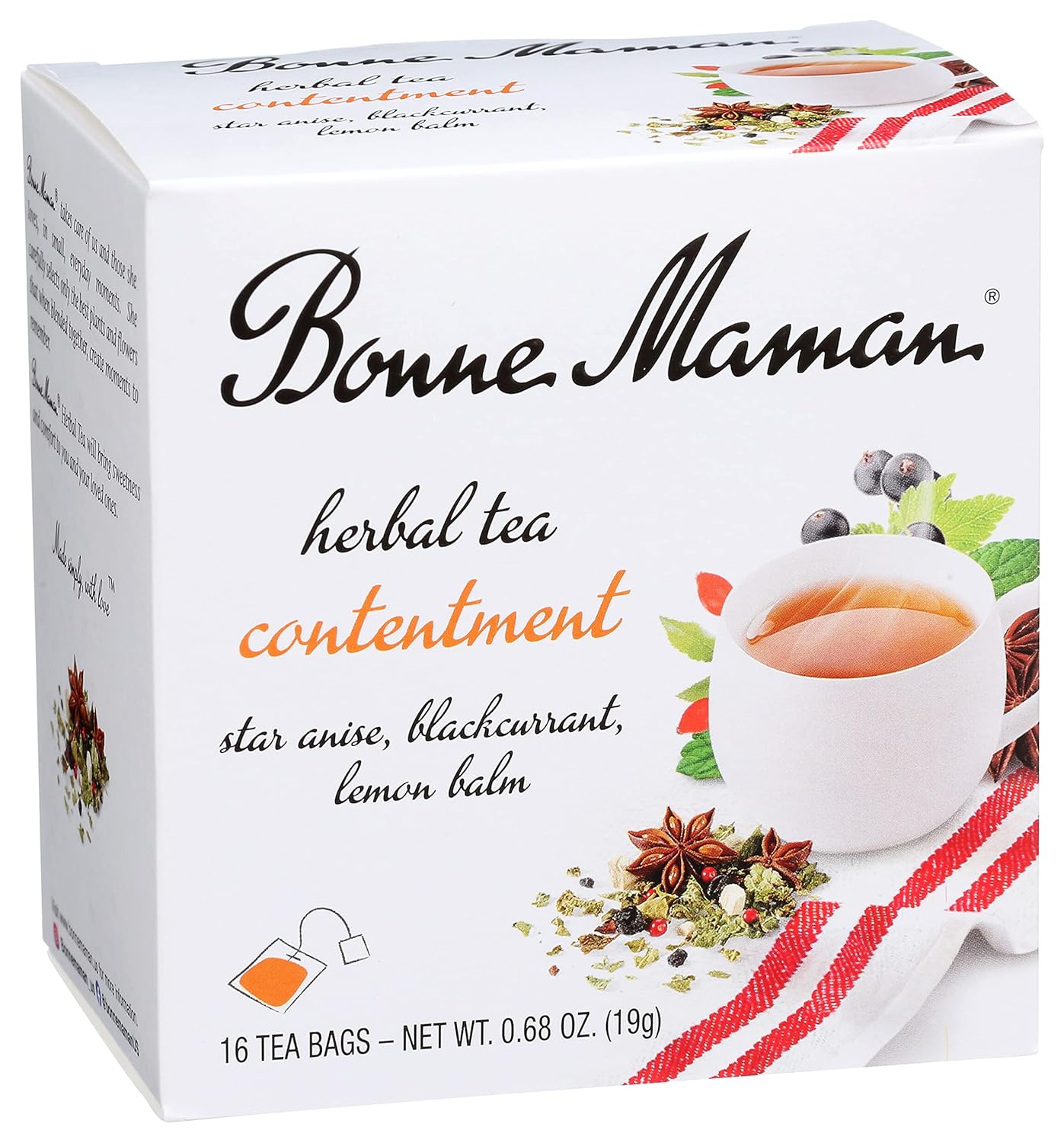 Bonne Maman Contenido de té de hierbas orgánicas mezcla de anís estrellado, grosella negra y bálsamo de limón, 16 bolsas de té (paquete de 1)