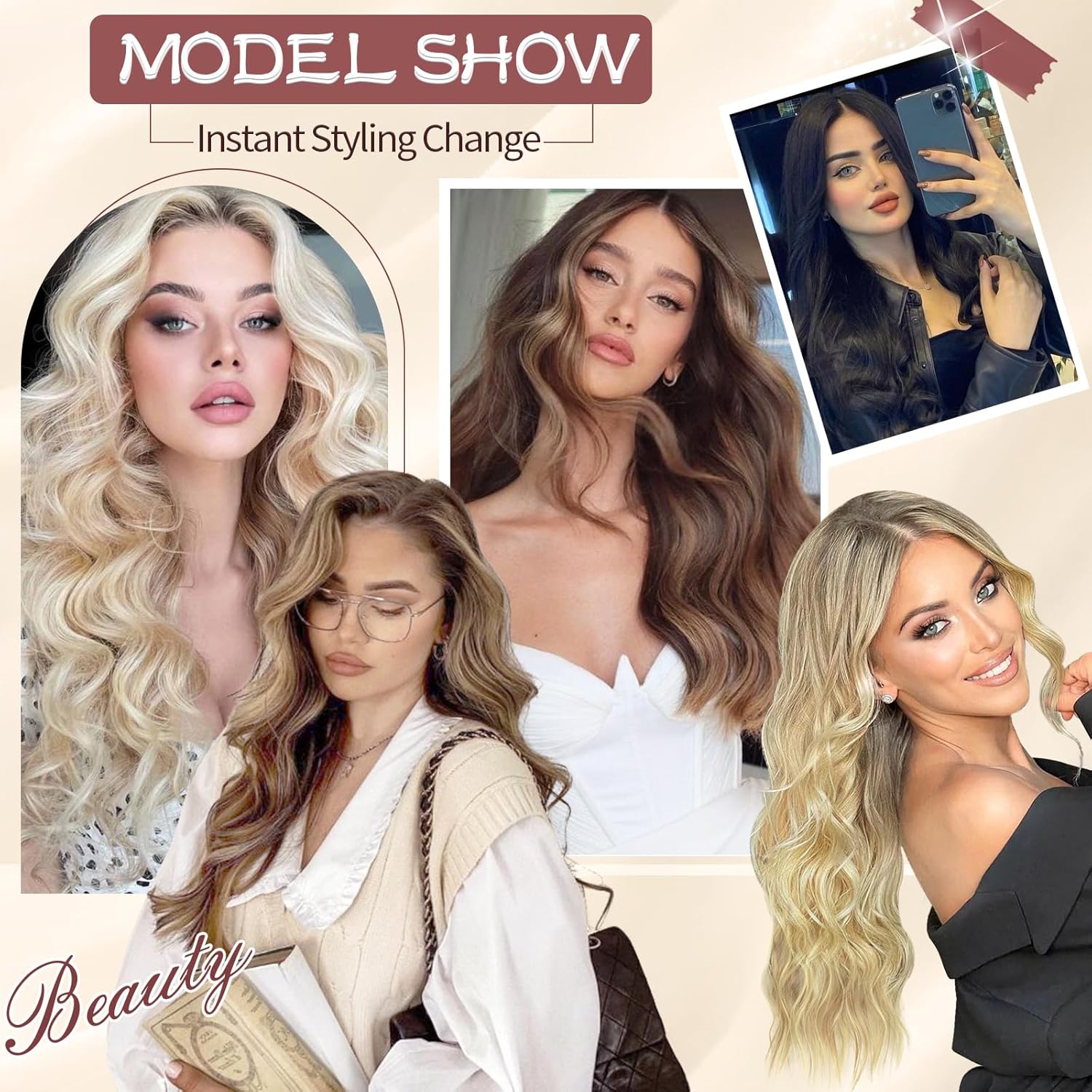 SOFEIYAN Extensiones de cabello con clip, 4 piezas, extensiones de cabello sintético largo ondulado marrón oscuro, extensiones de cabello sintético