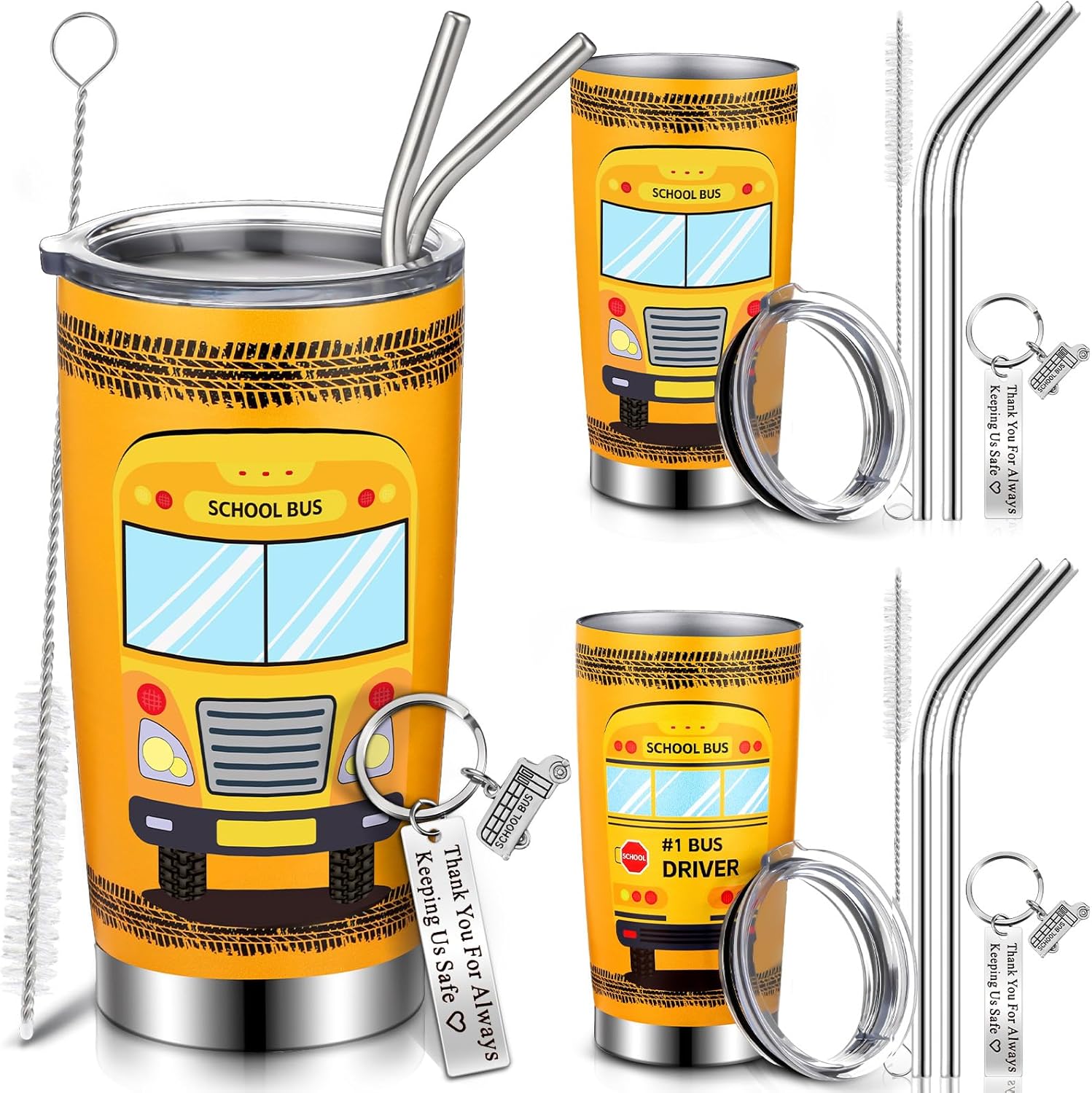 Uiifan Paquete de 6 regalos de agradecimiento al conductor de autobús, juego de 3 vasos de acero inoxidable de 20 onzas, 3 llaveros para conductor