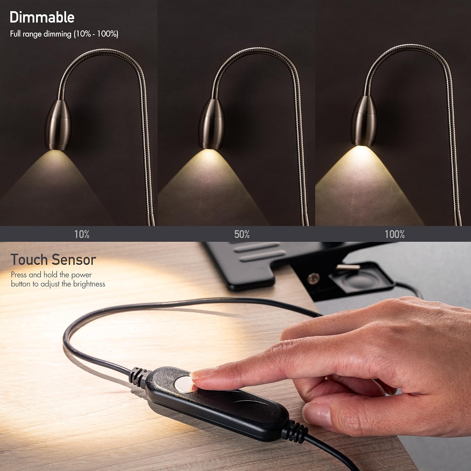 O’Bright Lumos – Lámpara versátil con clip foco zoomable, LED regulable, cuello de cisne flexible, luz de 4000 K, abrazadera 100% metálica, ideal