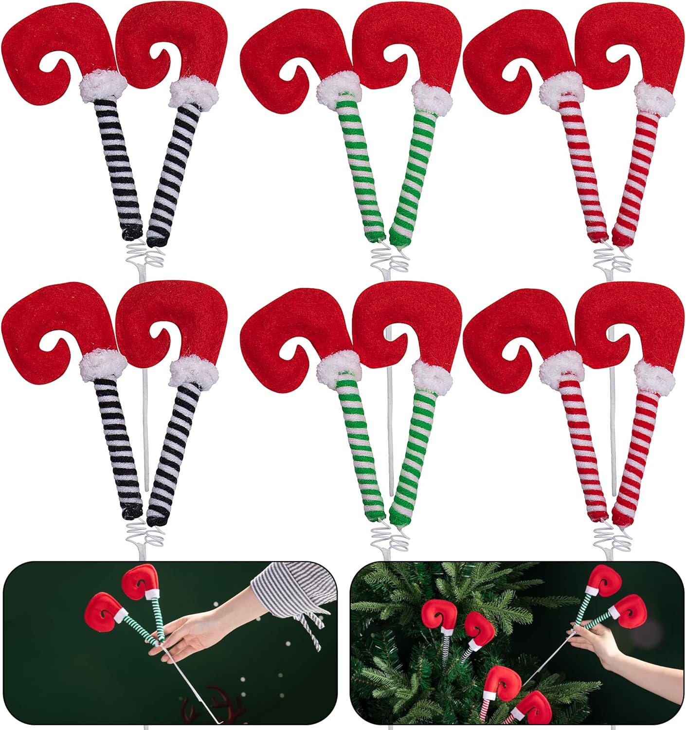 6 púas de patas de elfo de Navidad, adornos de árbol de pies de elfo de 13 pulgadas con alambre fijo, púas de felpa a rayas para patas de elfo para