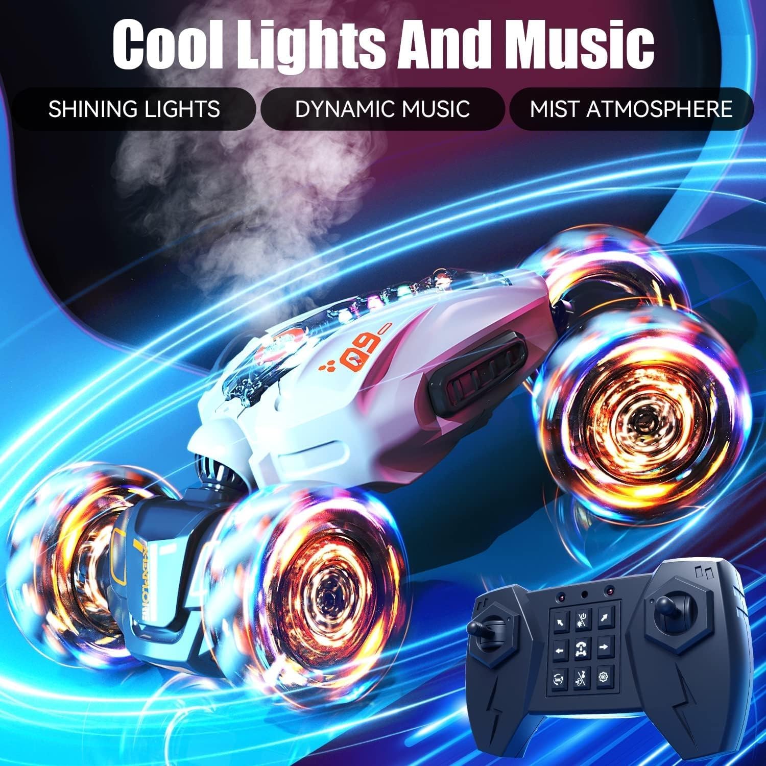 Gesture – Auto de control remoto con aerosol, transformación 4WD 360 gira todo terreno 2.4 GHz juguete con luces de música, autos de acrobacias RC