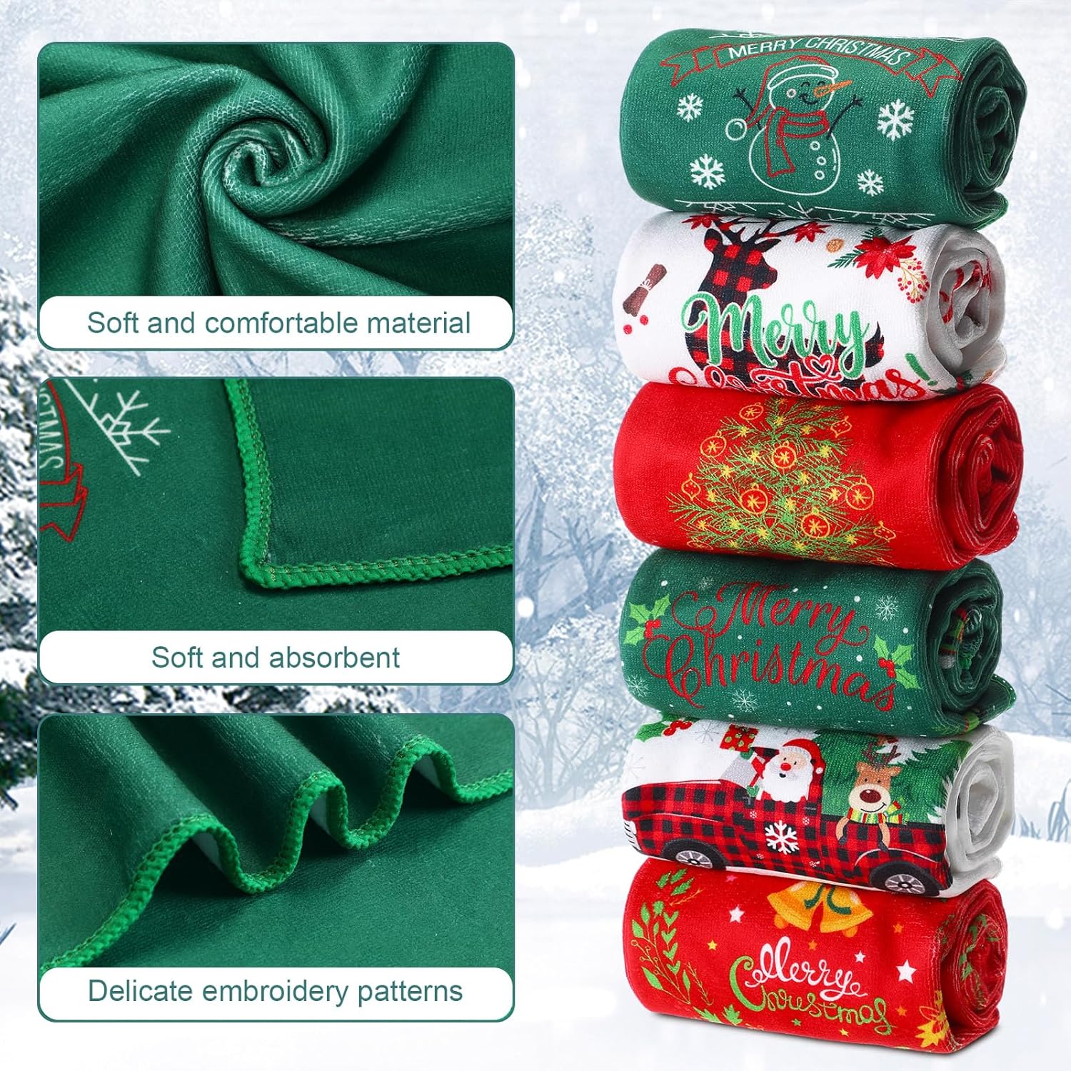 Macarrie 12 toallas de mano navideñas de Navidad, Papá Noel, reno, muñeco de nieve, árbol, a cuadros, bordadas, toallas de algodón absorbentes, 13 x