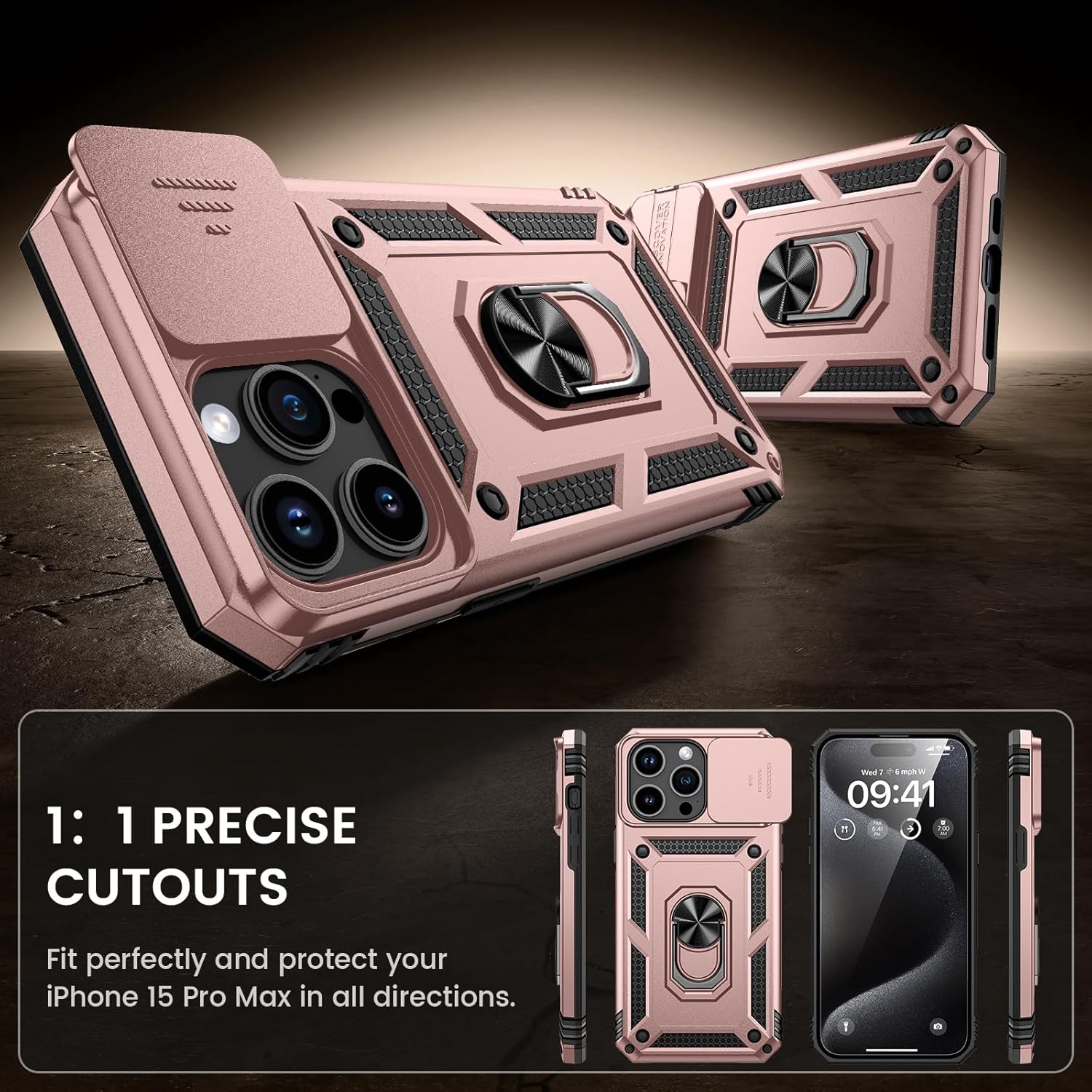 Goton Funda para iPhone 15 Pro Max con protector de pantalla – Funda protectora para cámara deslizante con soporte de anillo, resistente a los