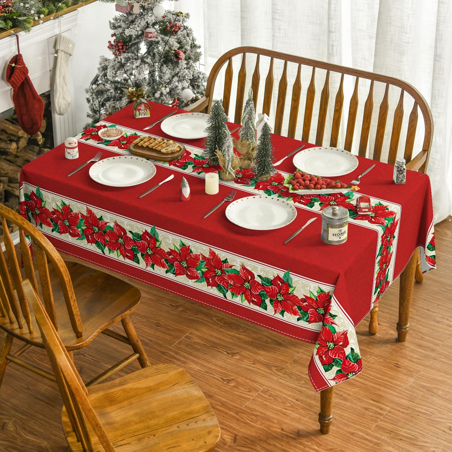 Horaldaily Mantel de Navidad de 60 x 84 pulgadas, color rojo pascua, lavable, para fiesta, picnic, cena, decoración