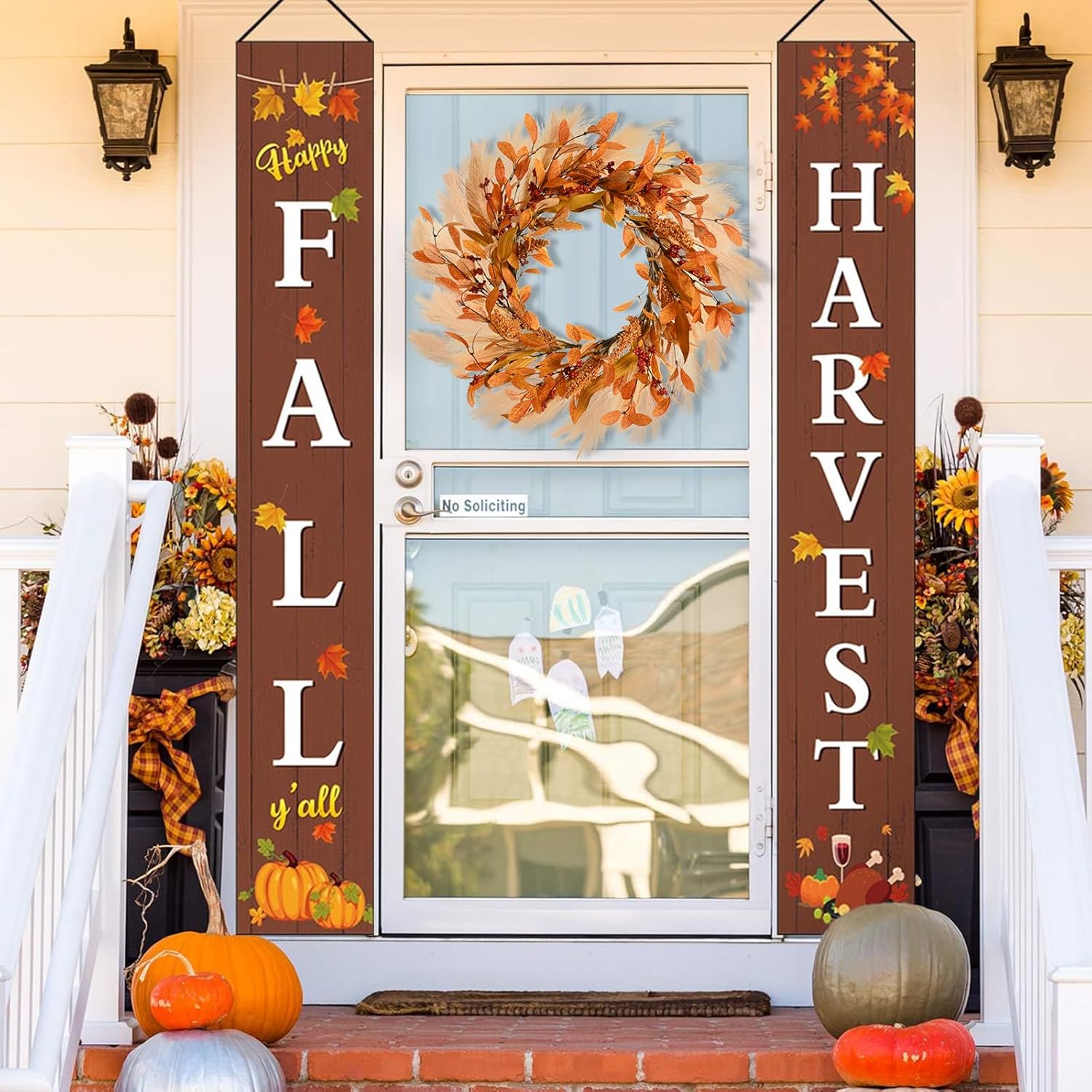 Corona de otoño para puerta delantera, corona de otoño de 20 pulgadas, corona de puerta delantera de otoño con ganchos para decoración de porche