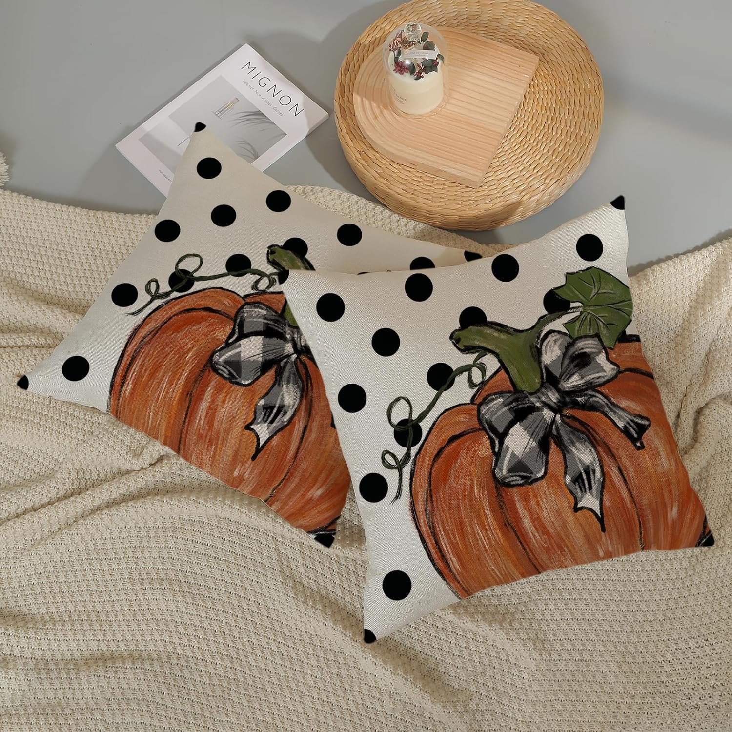 Juego de 2 fundas de almohada de lunares de calabaza otoñal de 16 x 16 pulgadas, juego de 2 fundas de almohada de cosecha de otoño para decoración