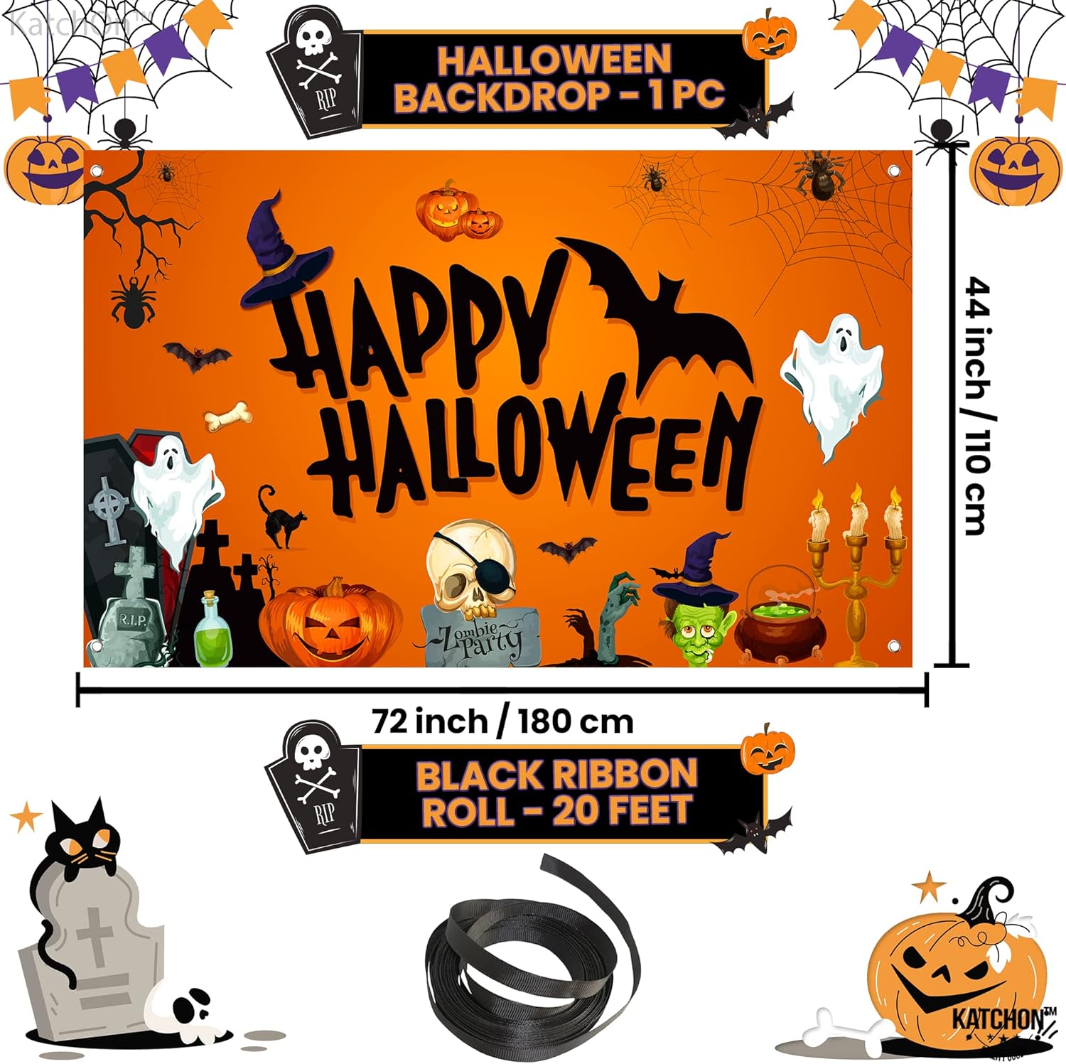 Fondo extragrande de Halloween para fotografía de 72 x 44 pulgadas, 2 piezas, pancarta naranja de feliz Halloween, cartel de truco o trato,