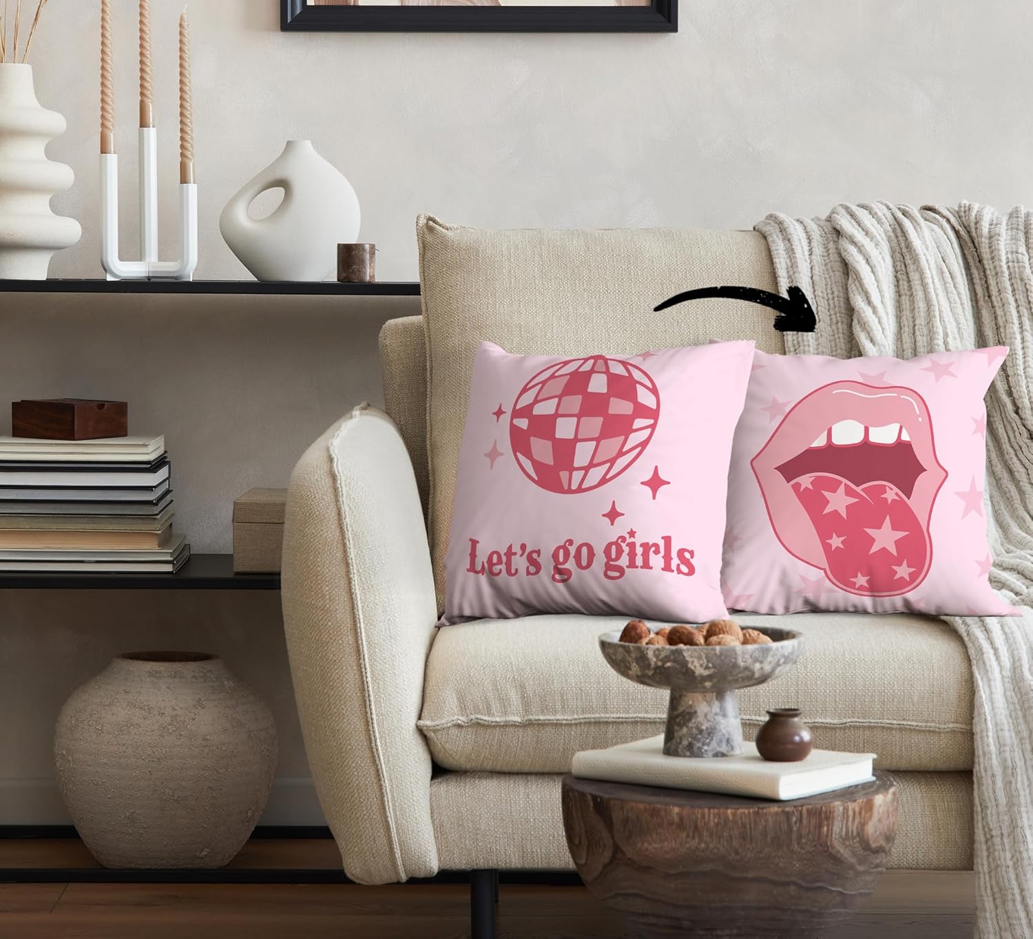 FLDAS Fundas de almohada decorativas reversibles de color rosa intenso de 18 x 18 pulgadas, fundas de almohada de labios con bola de discoteca para