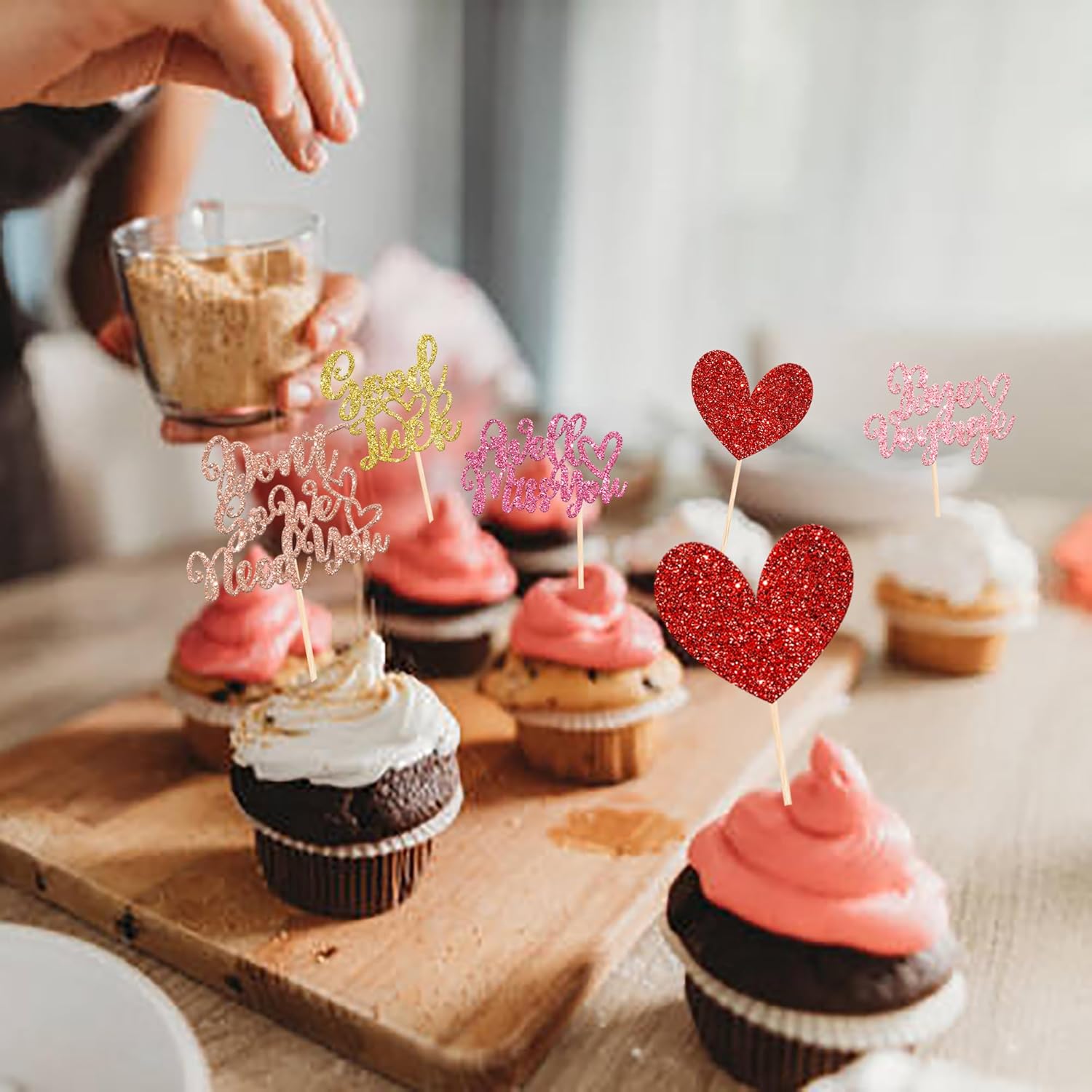 Paquete de 30 adornos para cupcakes con purpurina de corazón de buena suerte, decoración de tartas para fiesta de despedida, suministros de