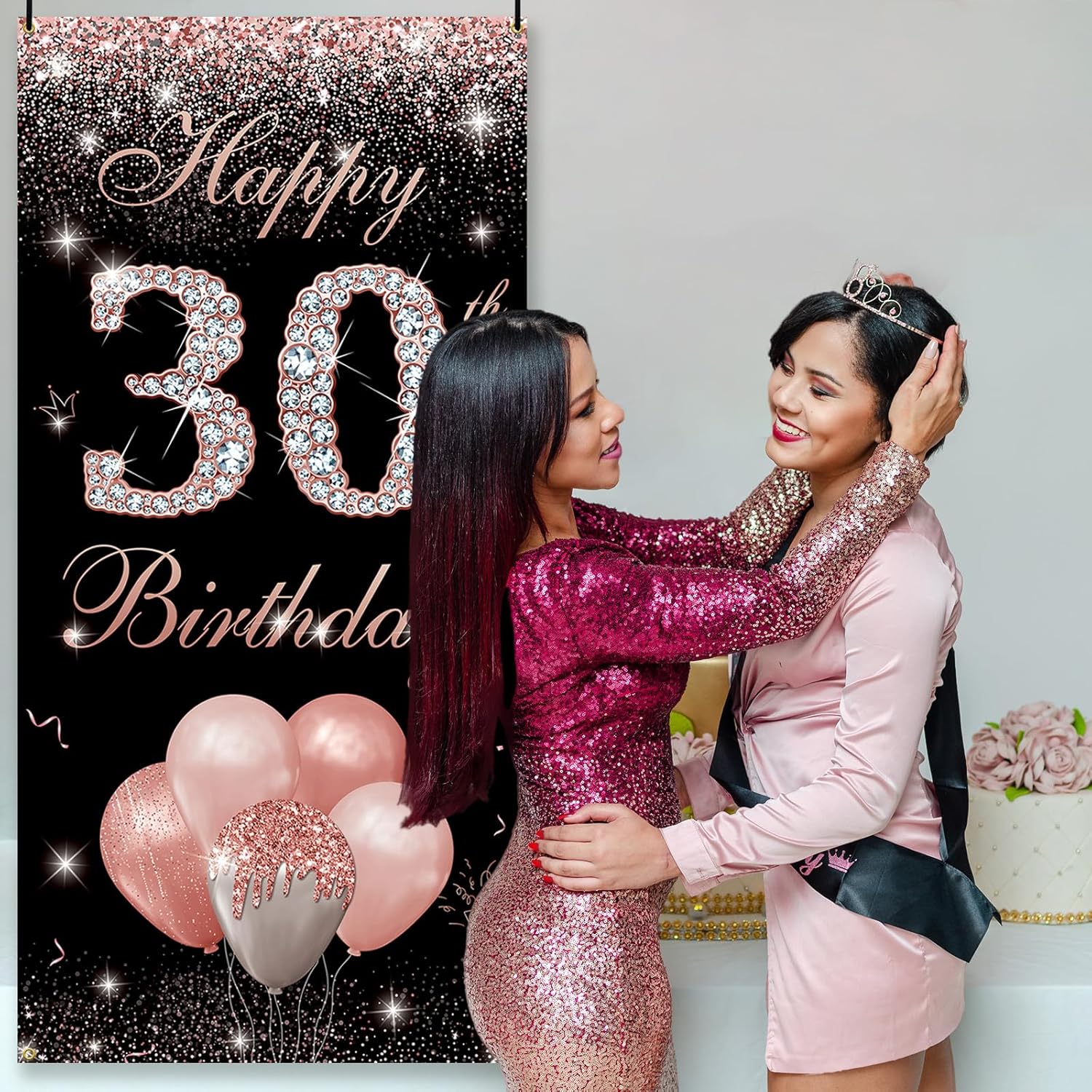 Cartel de fondo de 30 cumpleaños para puerta, color oro rosa, decoraciones de feliz cumpleaños 30 para mujeres, fabuloso cartel de fiesta de