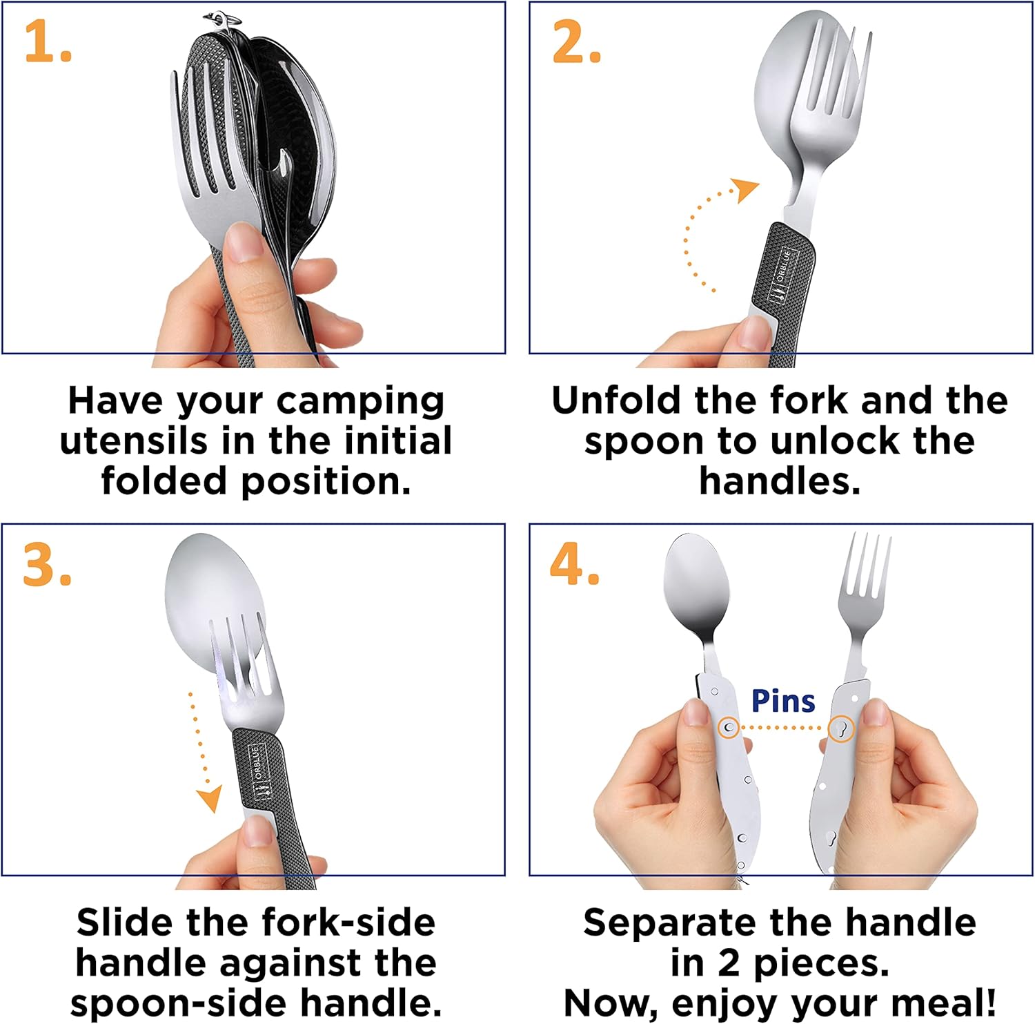 Orblue Utensilios de campamento 4 en 1, paquete de 2, cuchara portátil de acero inoxidable, tenedor, cuchillo y abridor de botellas,