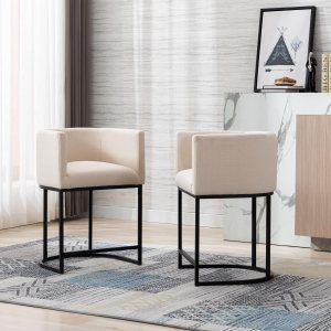 Juego de 2 taburetes de bar tapizados de lino de altura de mostrador, taburetes de cocina de 24 pulgadas, sillas de bar con marco de metal negro Juego de 2 taburetes de bar tapizados de lino de altura de mostrador, taburetes de cocina de 24 pulgadas, sillas de bar con marco de metal negro