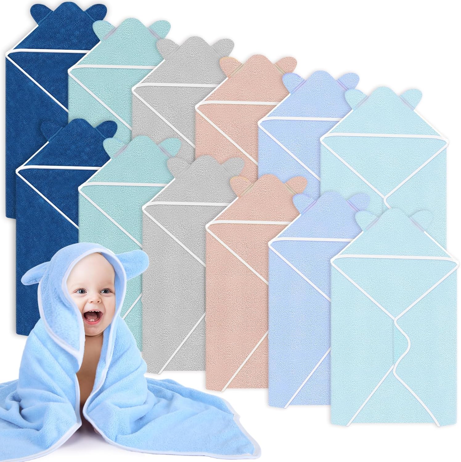 Peryiter 12 toallas con capucha para bebé, acogedoras y absorbentes, toallas de baño de vellón coral para niños, manta de baño con orejas suaves