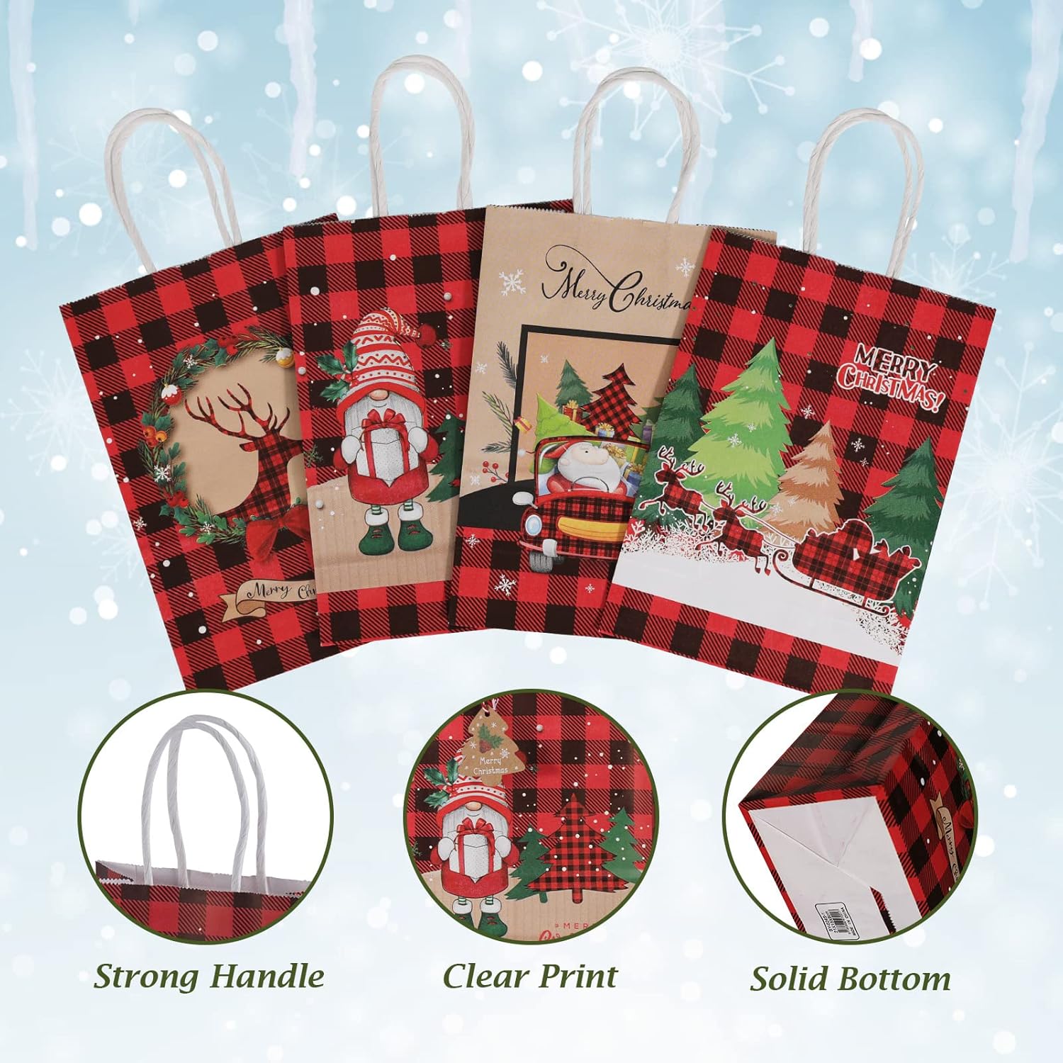 Maetrin 12 bolsas pequeñas de regalo de Navidad reutilizables, 4 estilos, bolsas de papel kraft de Navidad con asa a granel para regalos de fiesta