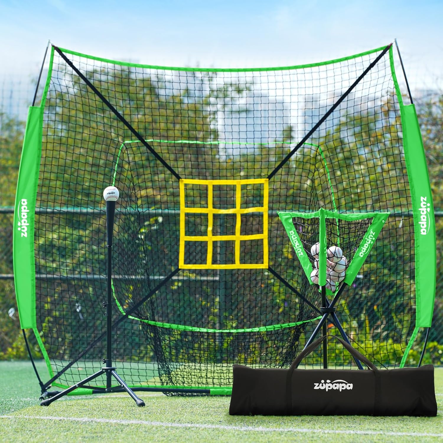 Zupapa Combo de práctica de béisbol y sóftbol, 7 x 7 pies, paquete de 12 pelotas de béisbol, zona de ataque vívido mejorada, red de práctica de