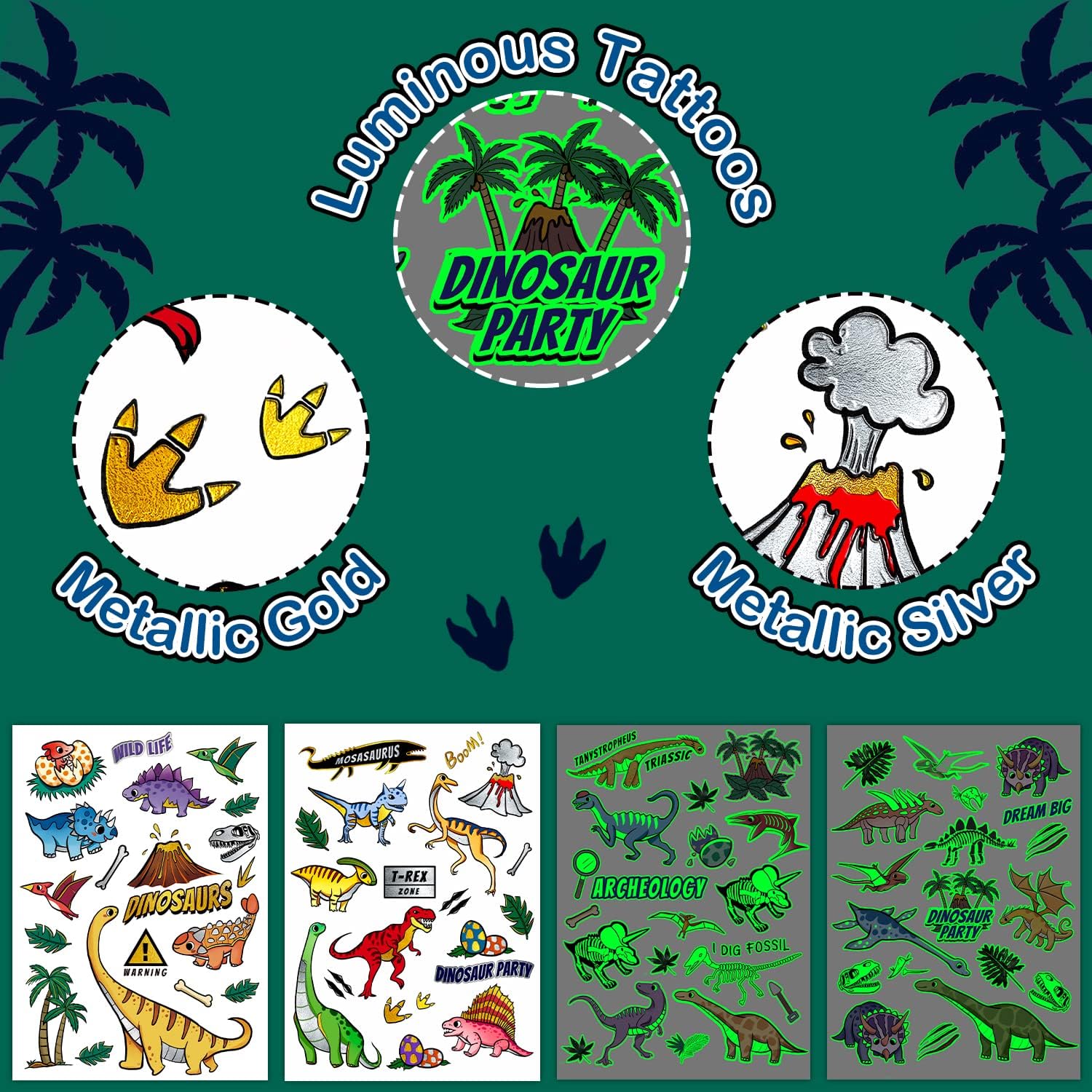74 estilos de tatuajes temporales de dinosaurio para fiestas infantiles, decoraciones de fiesta de cumpleaños de dinosaurio para regalos de niños,