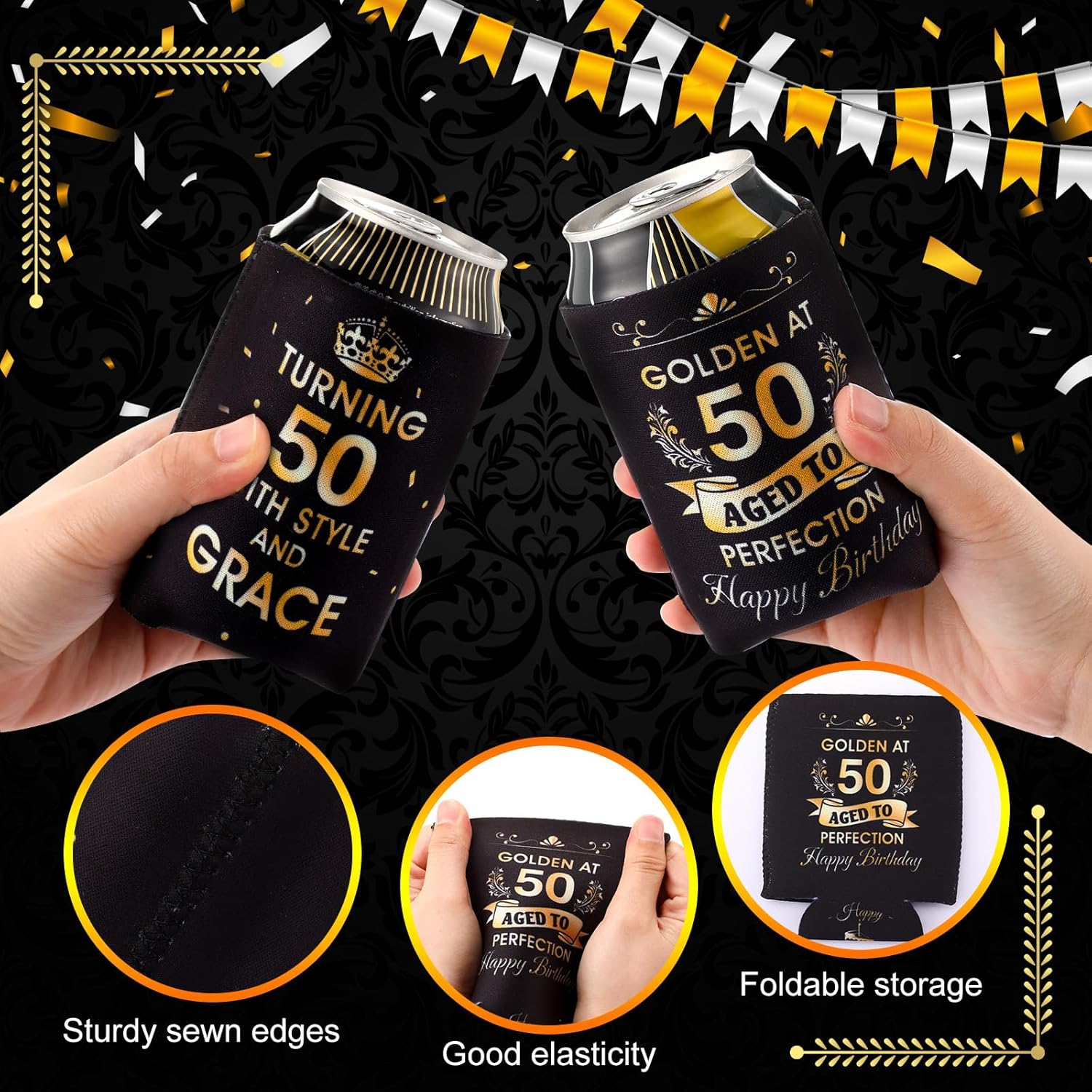 24 piezas de decoraciones doradas de cumpleaños número 50, recuerdos de fiesta de cumpleaños 50, fundas enfriadoras que giran 50 años con estilo y