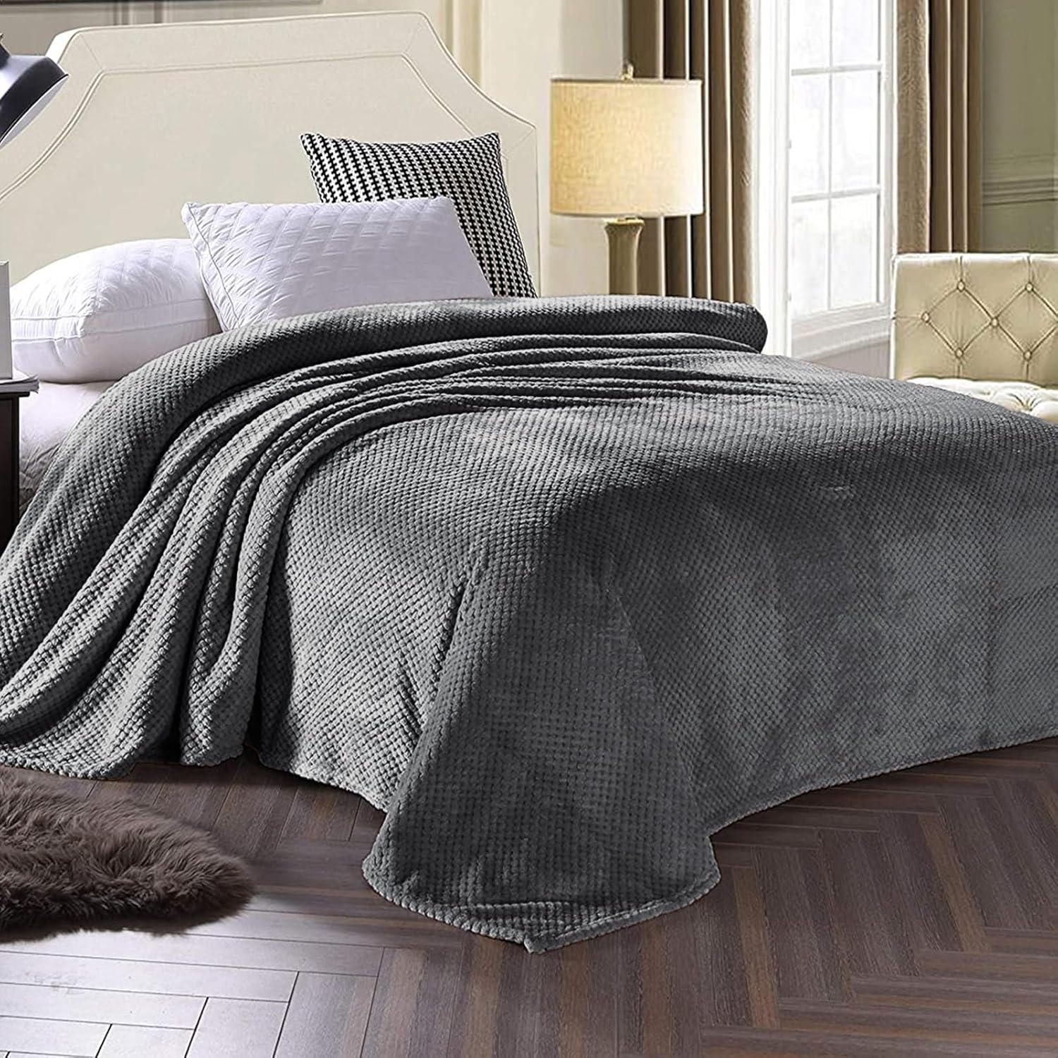Exclusivo Mezcla – Manta de forro polar, suave, texturizada con punto gofre, tamaño individual, acogedora, cálida y ligera (gris oscuro, 90 x 66