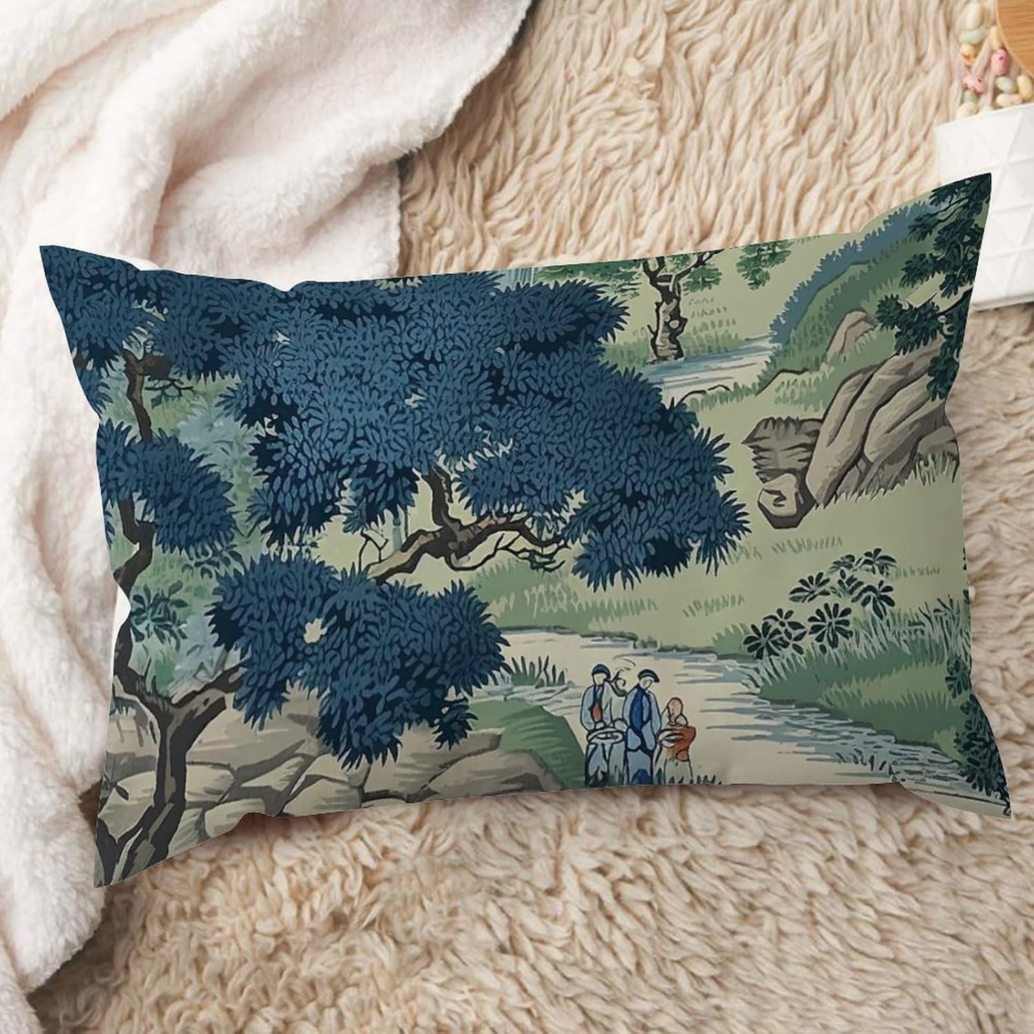 ArogGeld Funda de cojín lumbar de estilo chinoiserie, diseño de dinastía asiática, color azul y verde, para dormitorio, sofá, 12 x 20 pulgadas, lino