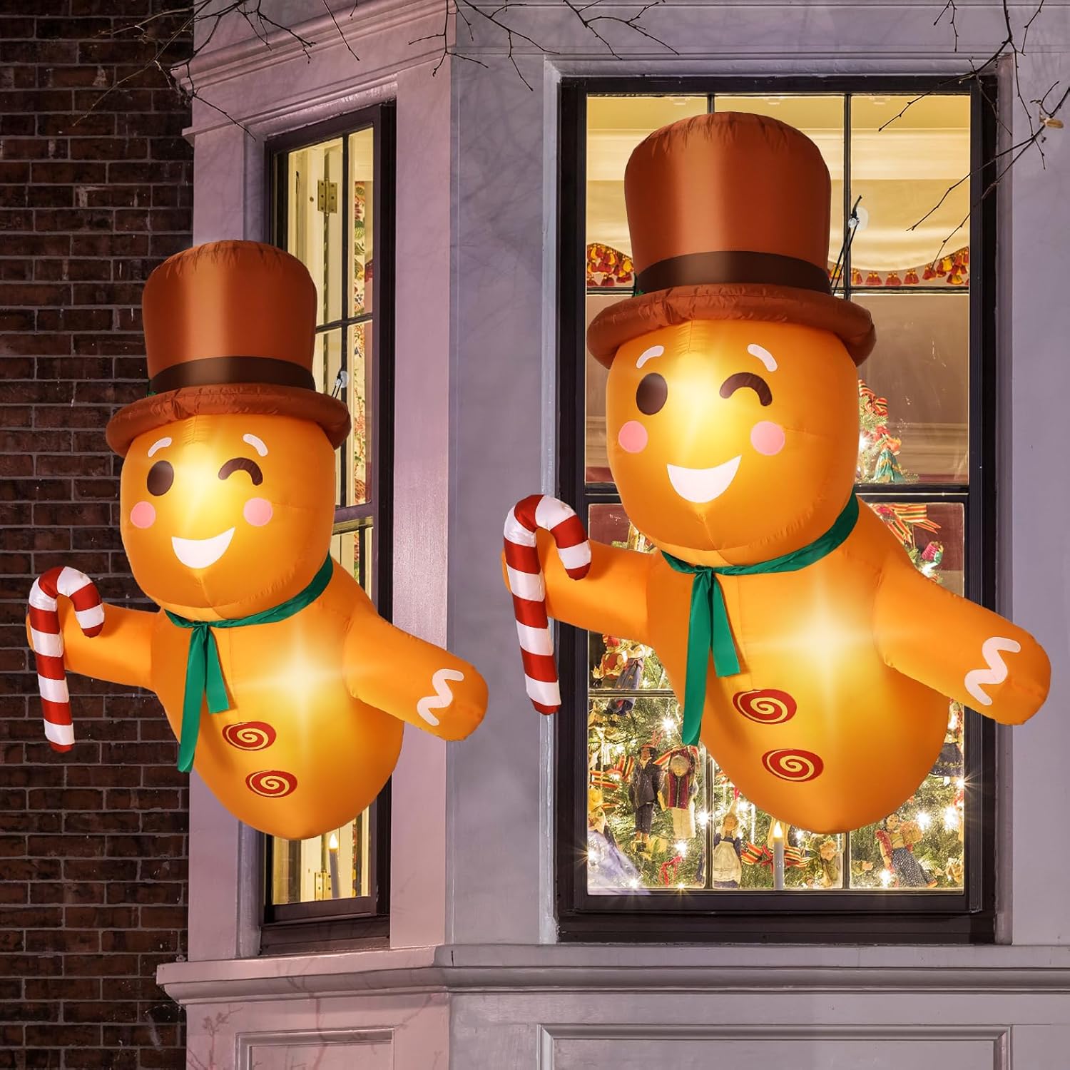 Decoración de pan de jengibre inflable de Navidad de 3.5 pies con luces LED que se inclina hacia fuera de la ventana, inflables de Navidad,