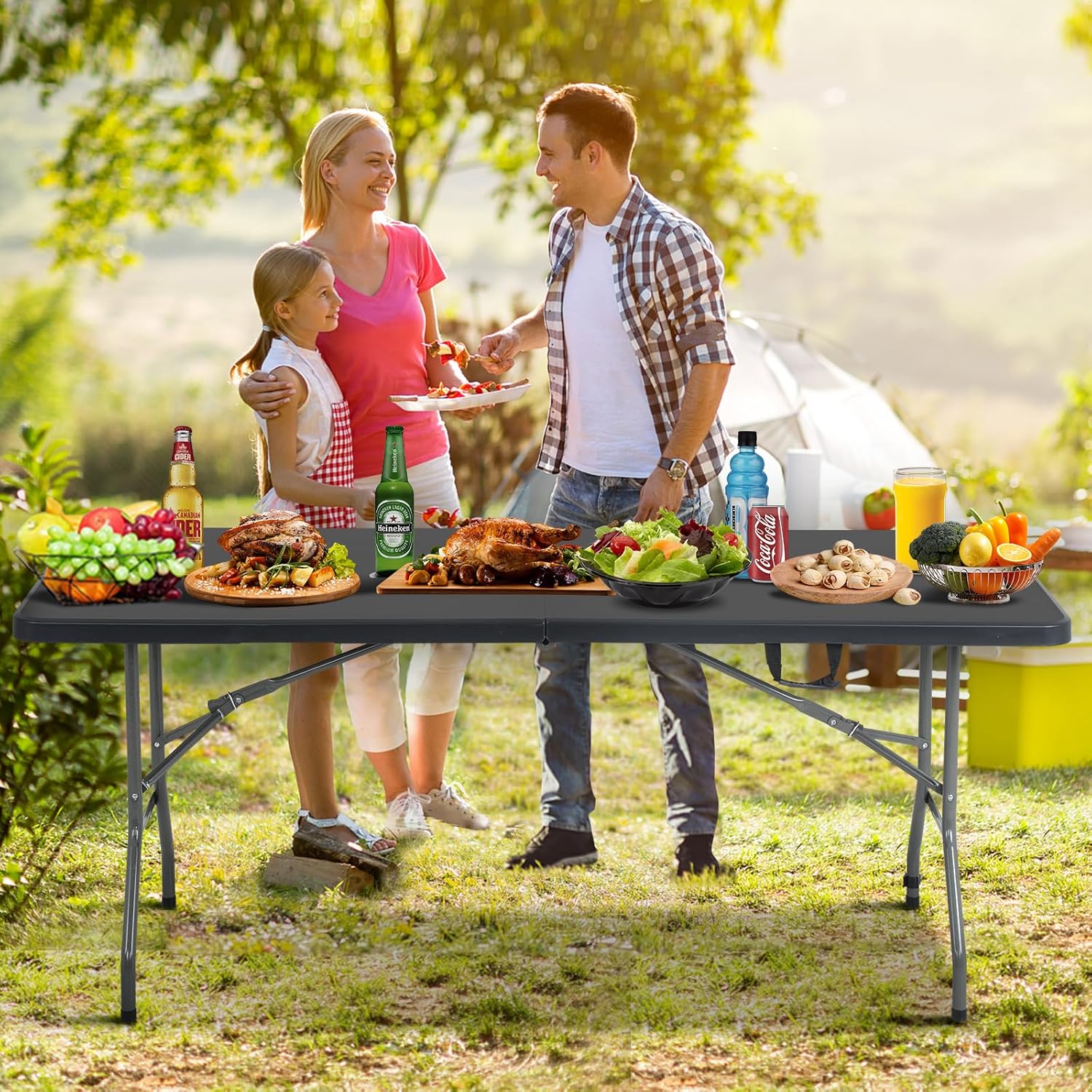 XXkseh Mesa plegable de 6 pies, mesa plegable portátil para interiores y exteriores, de plástico resistente, mesa de picnic con función de bloqueo,