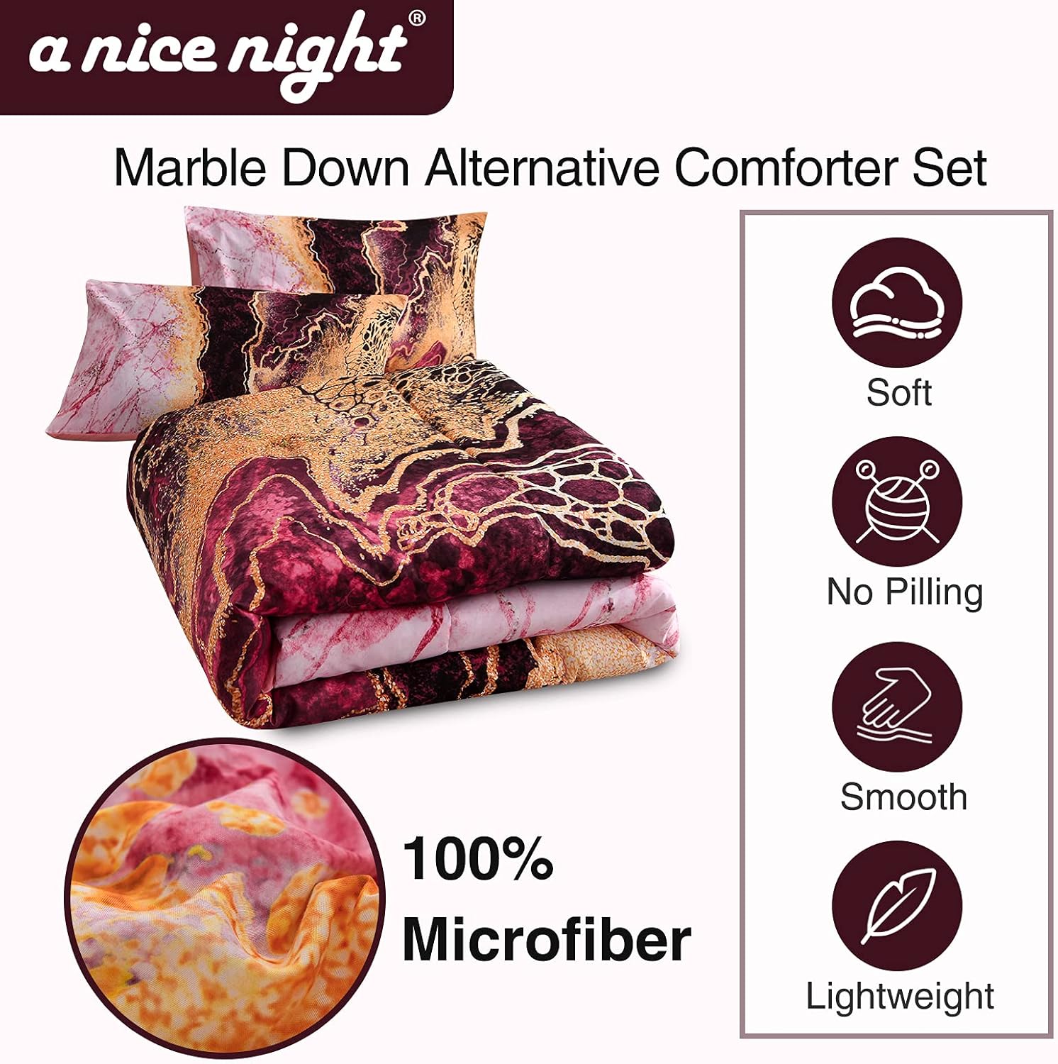 A Nice Night Juego de ropa de cama con estampado de mármol como montaña ardiente, diseño de ilustraciones de acuarela de estilo retro, juego de