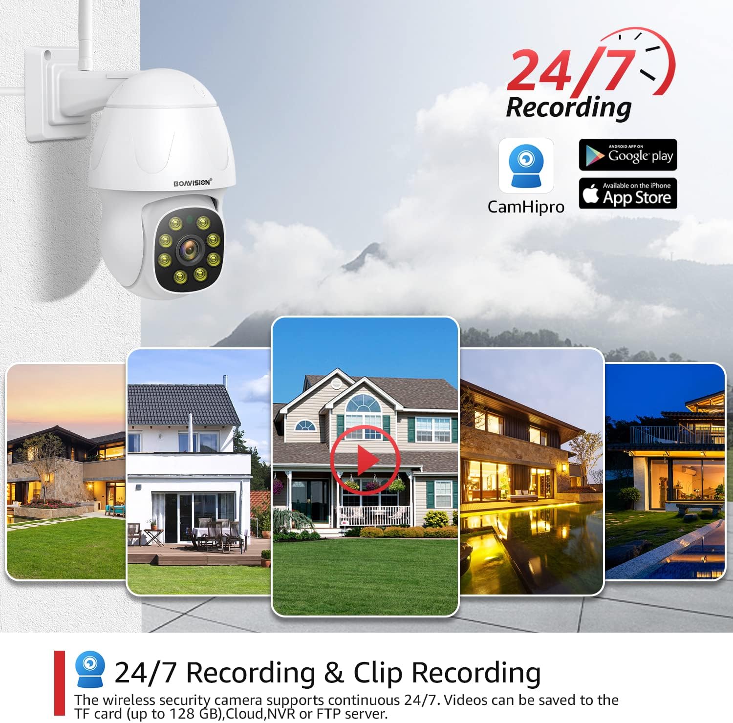 BOAVISION Cámara de seguridad de 4MP para exteriores, cámaras de videovigilancia de visión de 360, seguimiento humano, alertas de detección de