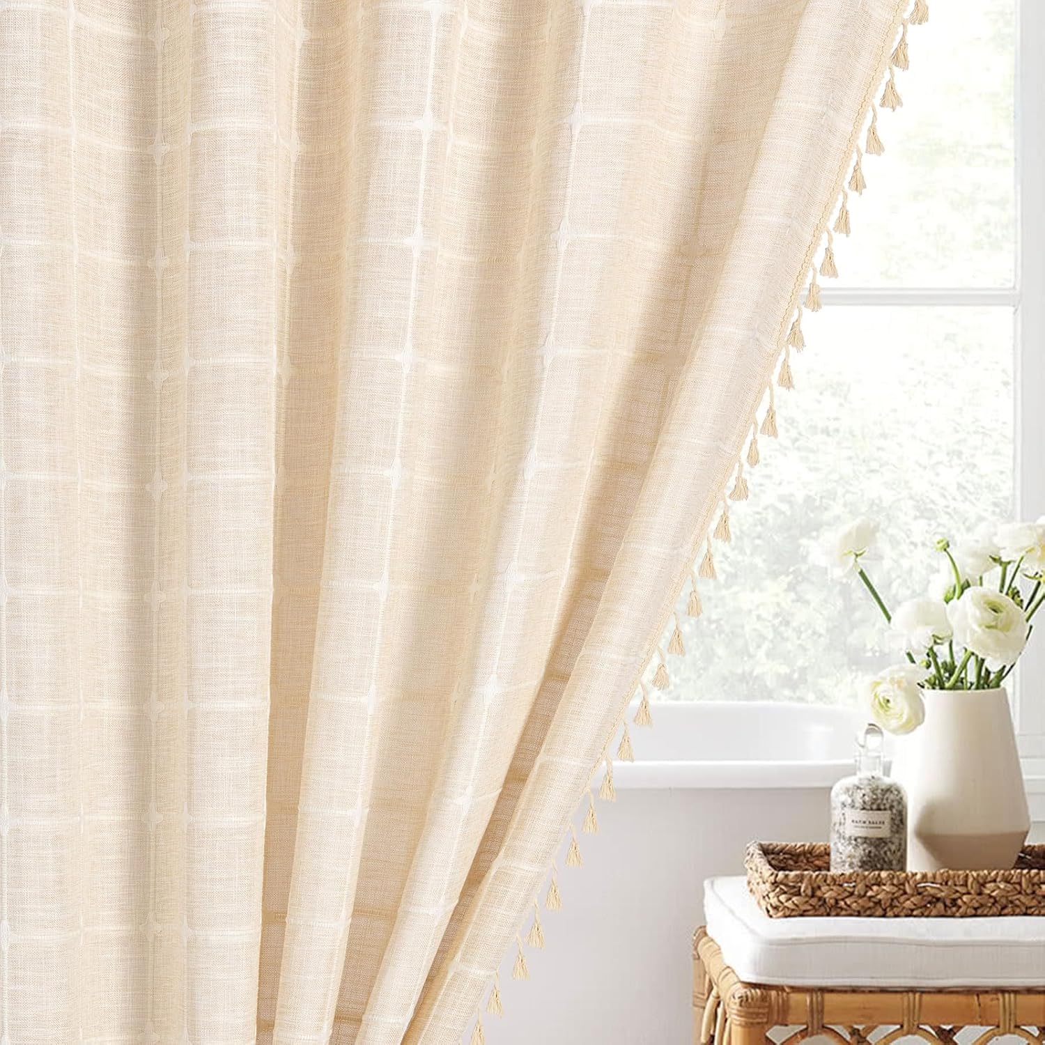 MitoVilla Cortina de ducha extra larga color crema, 72 x 84 pulgadas, estilo rústico moderno, de 84 pulgadas, XL, tela de lino y algodón, con