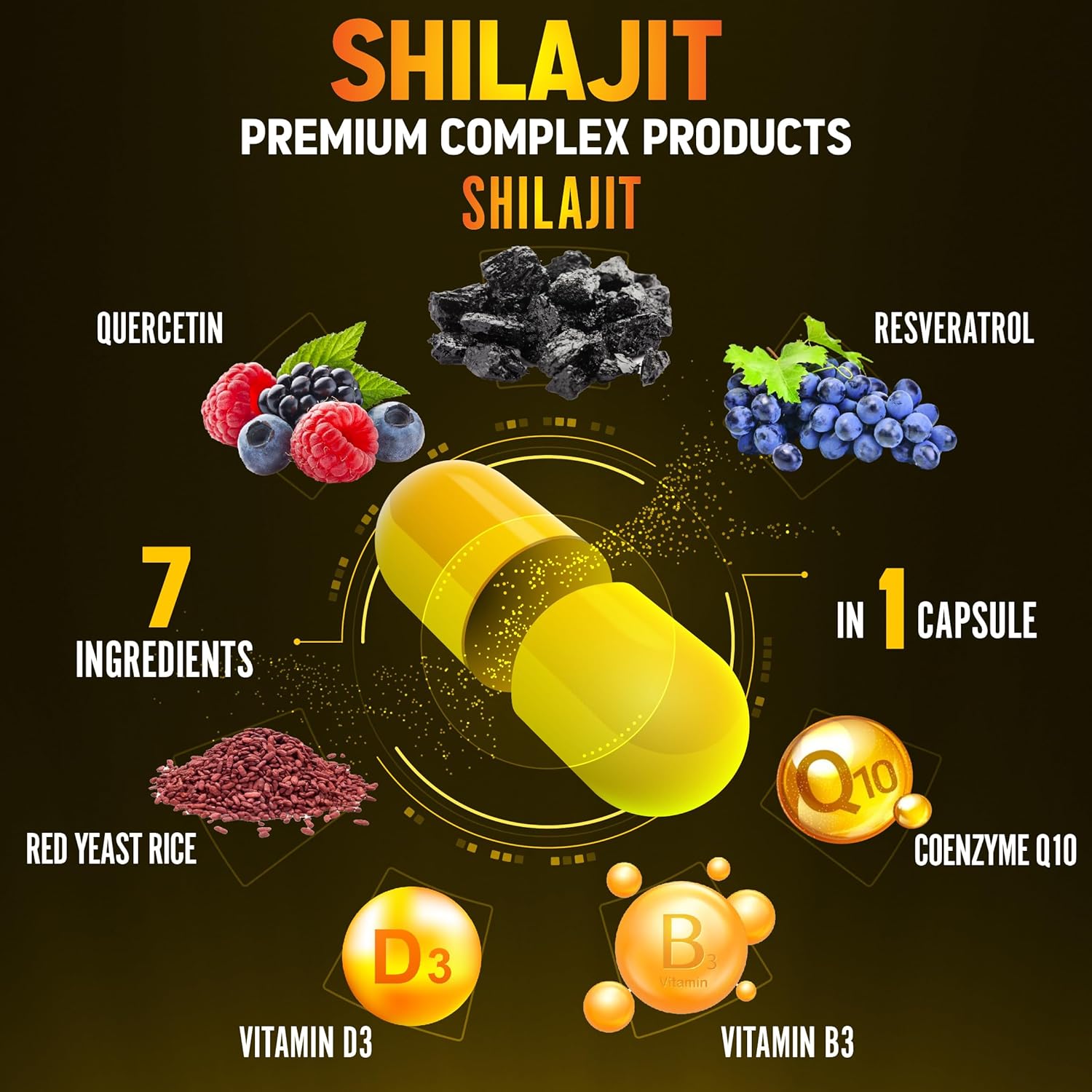 Zolotus Suplemento Shilajit 7 en 1 + arroz de levadura roja, cápsulas de coenzima Q10, equivalente a 8640 mg, con quercetina, resveratrol, vitamina