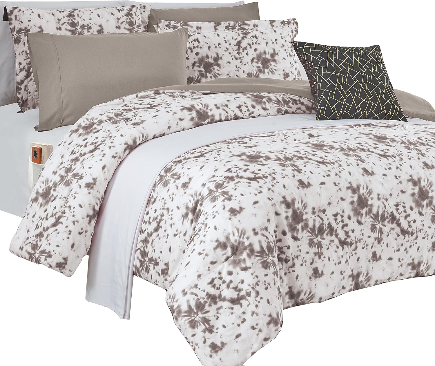 Elegant Comfort Juego de edredón reversible de 10 piezas, estampado de teñido anudado, almohada decorativa y sábana bajera con bolsillos