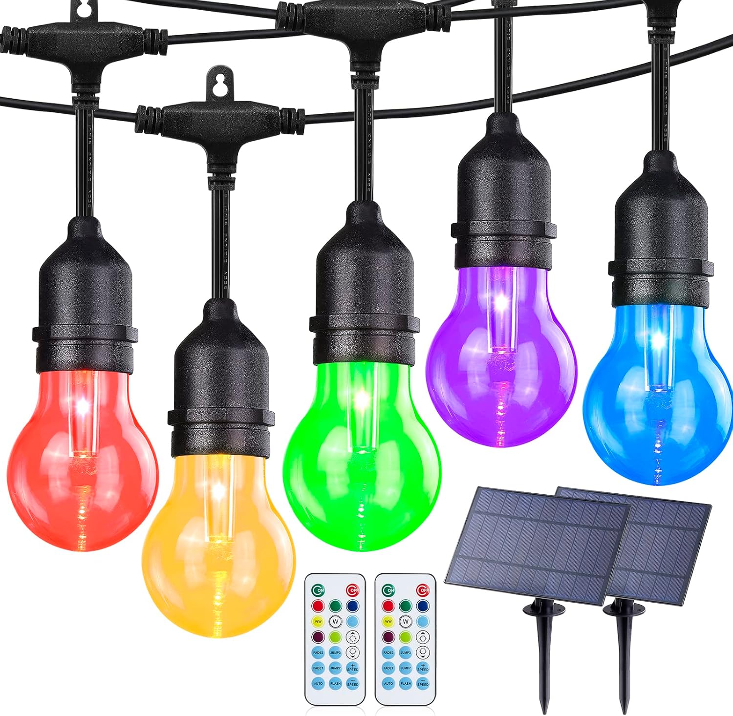 Luces solares multicolores, tira de luces de patio al aire libre regulable de 96 pies con bombillas Edison inastillables, control remoto, luces