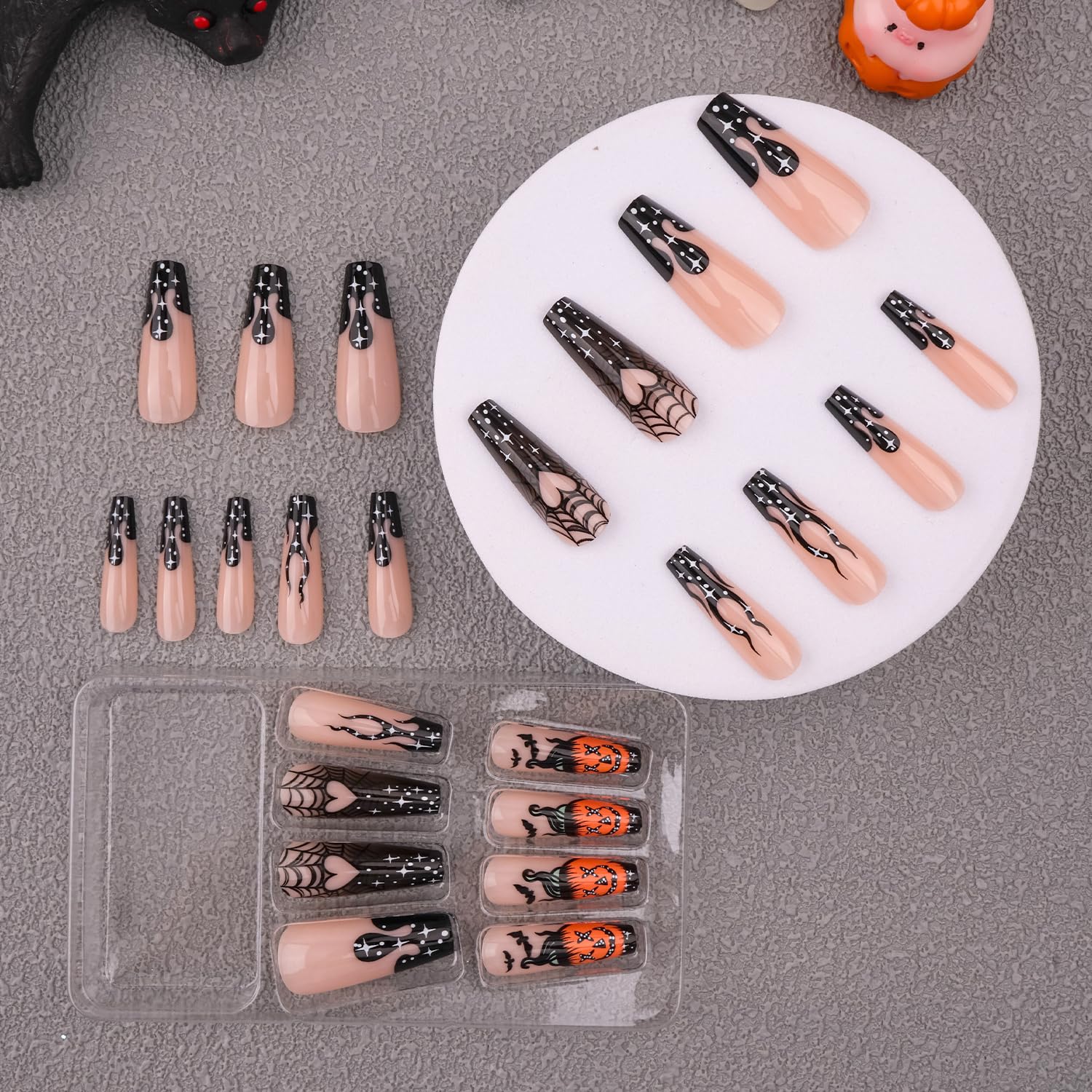 Pufandor Uñas postizas largas a presión para Halloween, ataúd, con llama negra, telaraña, murciélagos y calabazas, uñas acrílicas a presión para