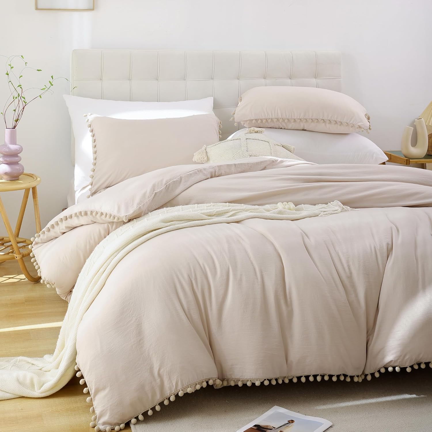 Smoofy Juego de edredón beige tamaño King con flecos y pompones, juego de ropa de cama de 3 piezas suave y cálido vintage con pompones (1 edredón