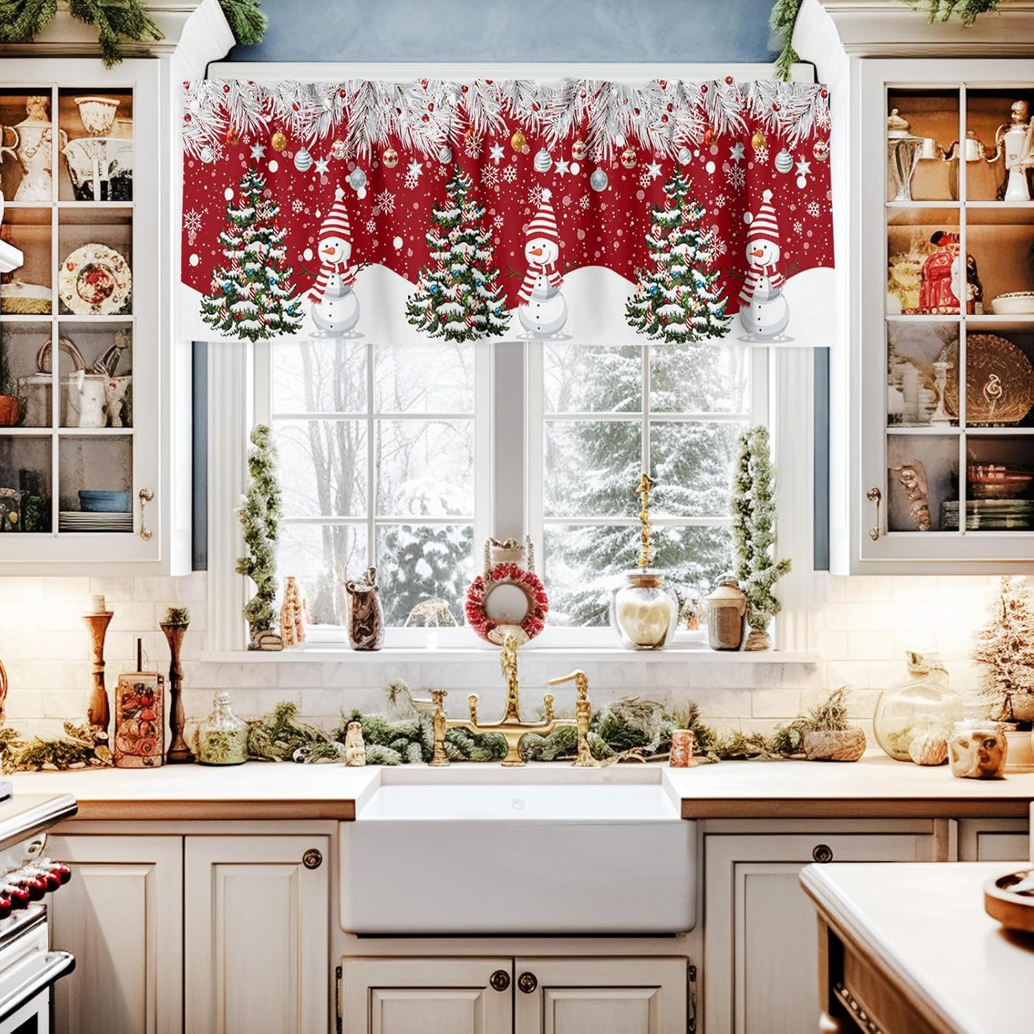 Cortinas de cenefa de Navidad para ventanas de cocina, árbol de Navidad, lindo muñeco de nieve, copos de nieve, agujas de pino, cenefas de ventana