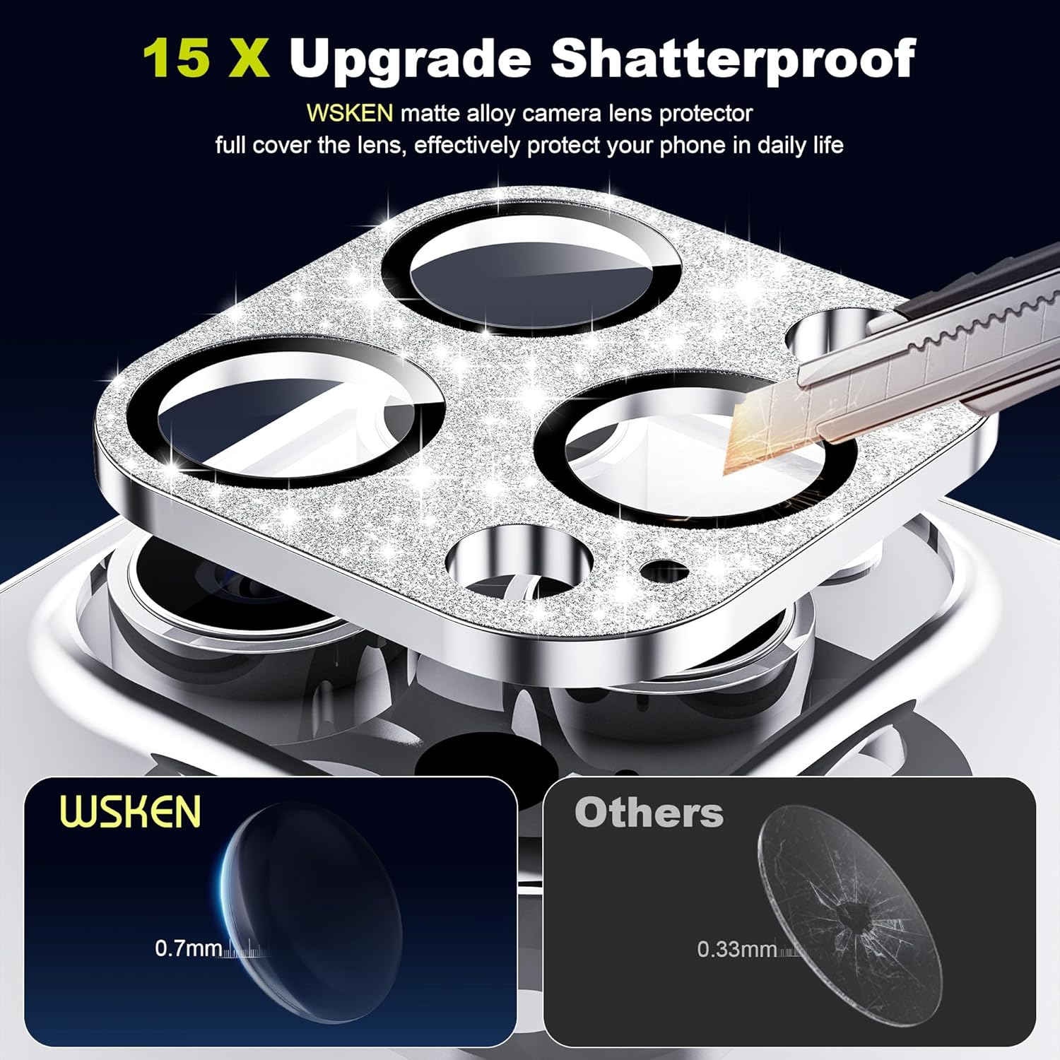 WSKEN Protector de lente de cámara para iPhone 15 ProiPhone 15 Pro Max, aleación mate prueba inastillable Protector de pantalla de cámara de vidrio