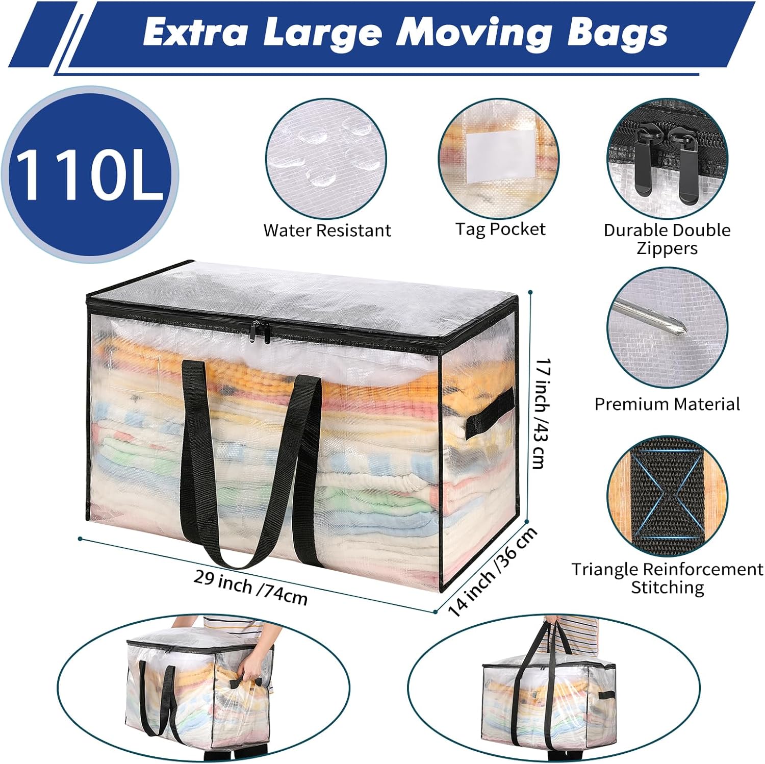 Bolsas de mudanza transparentes resistentes  Paquete de 8 bolsas de almacenamiento de 110L con asas fuertes, cremallera, impermeables,