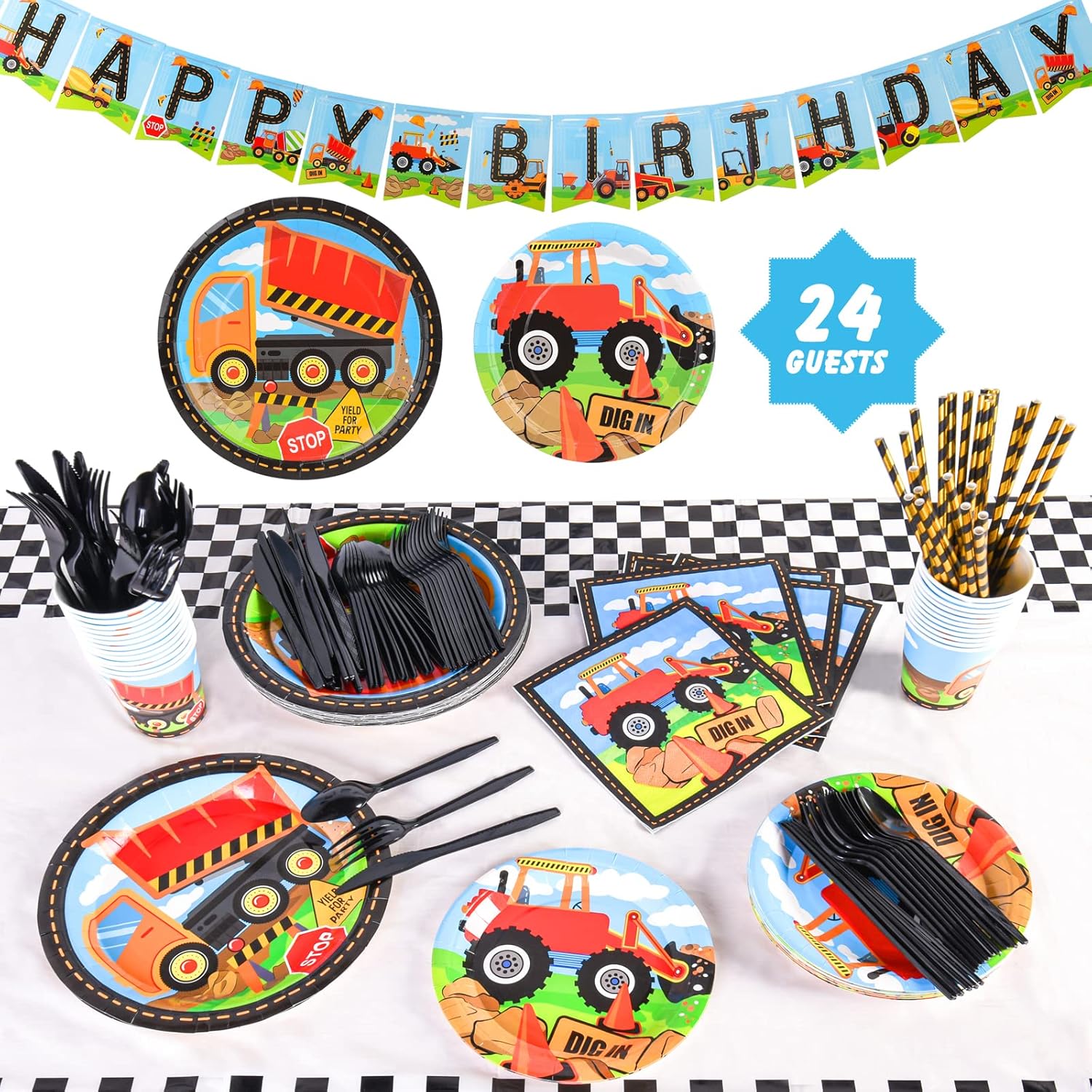 Juego de suministros para fiesta de cumpleaños de construcción, 170 piezas de decoraciones de cumpleaños de construcción para niños, incluye platos,
