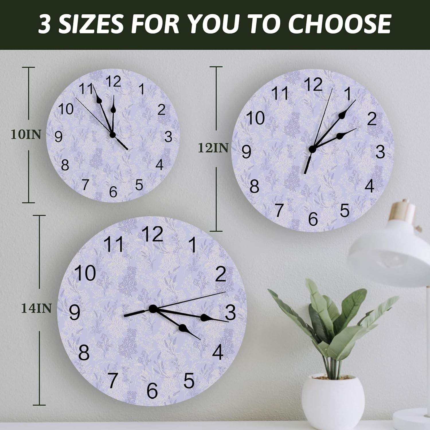 Reloj de pared de 10 pulgadas, silencioso, sin tictac, flores de primavera de lavanda, reloj decorativo redondo para sala de estar, dormitorio,