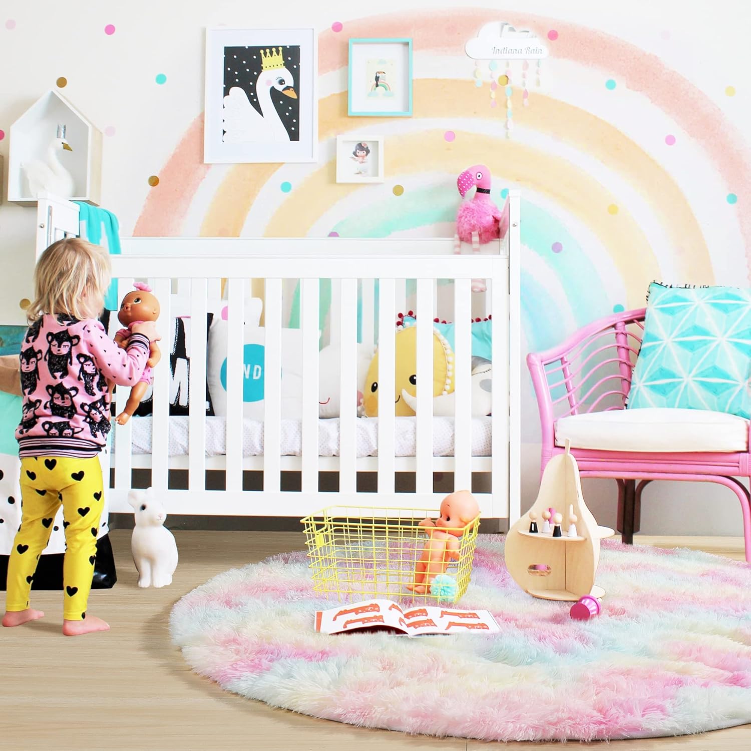 Alfombra esponjosa redonda arcoíris para dormitorio de niños, decoración de habitación de unicornio, alfombra de pelo largo para guardería, alfombra
