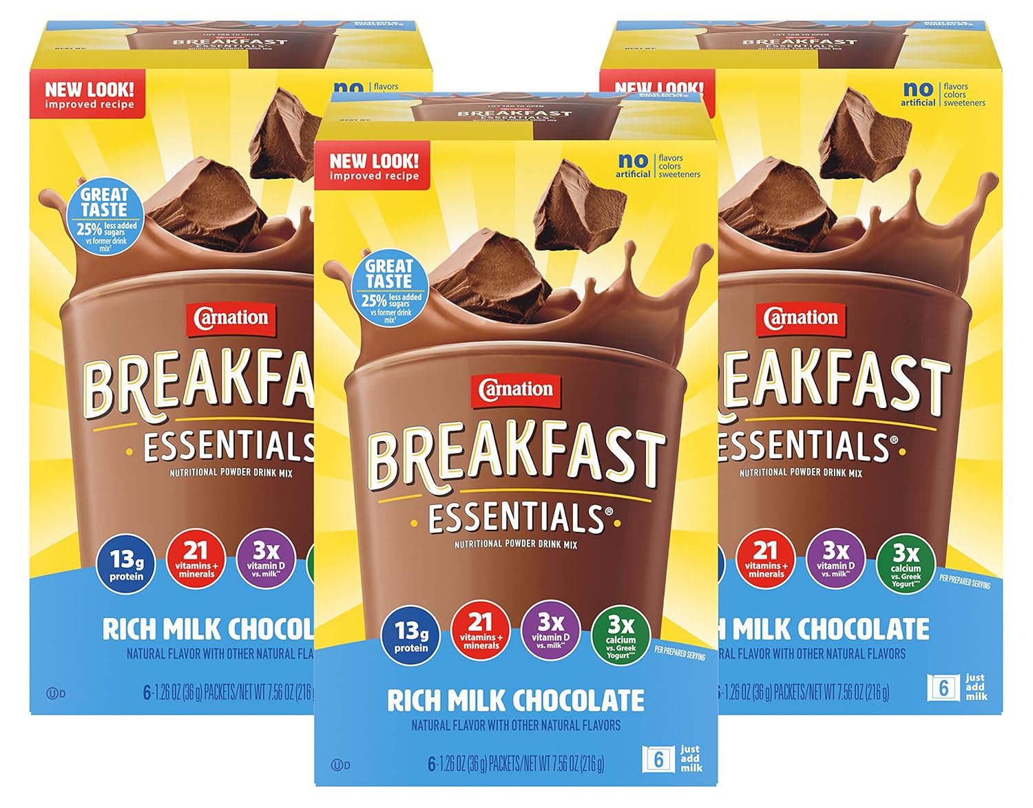 Carnation Breakfast Essentials Paquetes nutricionales de mezcla de bebidas en polvo, rico chocolate con leche, con proteínas, vitaminas y minerales,